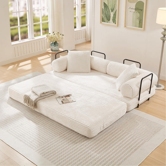 78.5"W Convertible Folding Sofa Bed, Corduroy Upholstered Queen Size Foam Floor Couch with Fixed-Shaped Frame, Loveseat Sleeper Compression Sofa Foldable Mattress for Living Room, Bedroom(Beige)