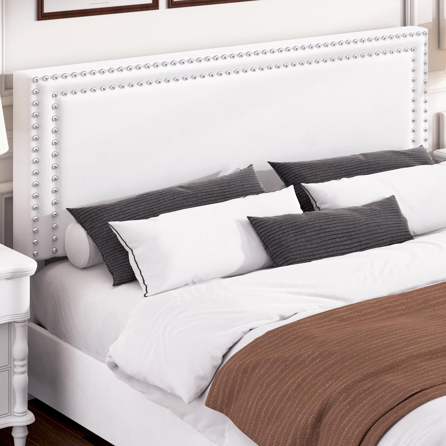 VECELO King Size Upholstered Platform Bed Frame with 4 Storage Drawers, Adjustable Velvet Rivet Decor Headboard, Wooden Slats Support, No Box Spring Needed, Easy Assembly