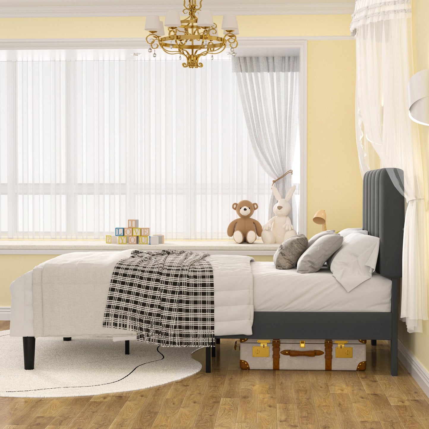 VECELO Twin Size Bed Frame with Upholstered Headboard, Velvet Platform Bedframe Mattress Foundation, Strong Wood Slat Support, No Box Spring Needed,Grey