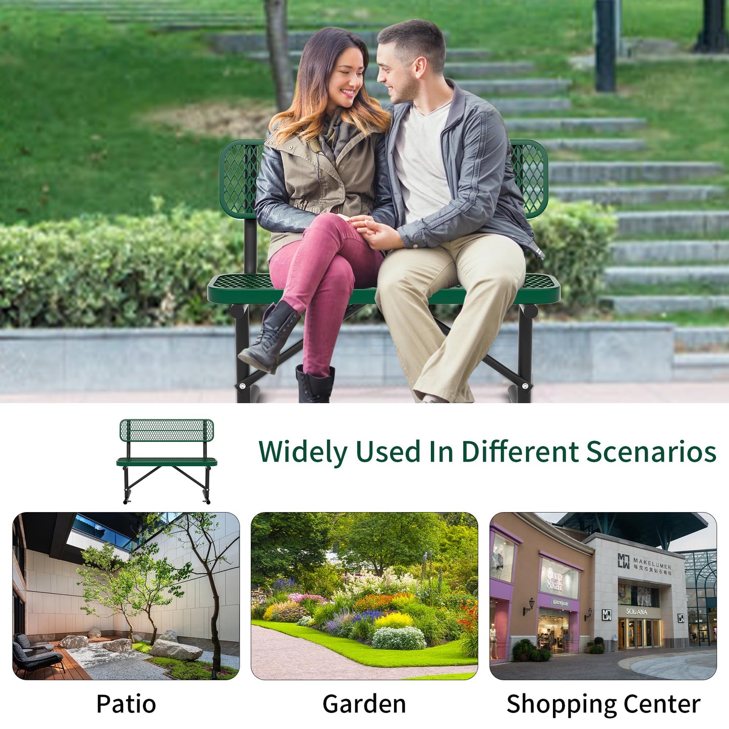 4FT Benches for Outside, Heavy-Duty Portable Outdoor Garden Bench with Back, Metal Park Bench, Commercial-Grade Seating,Industrial Bench Patio Bench Furniture for Beach Yard School Shopping Centers