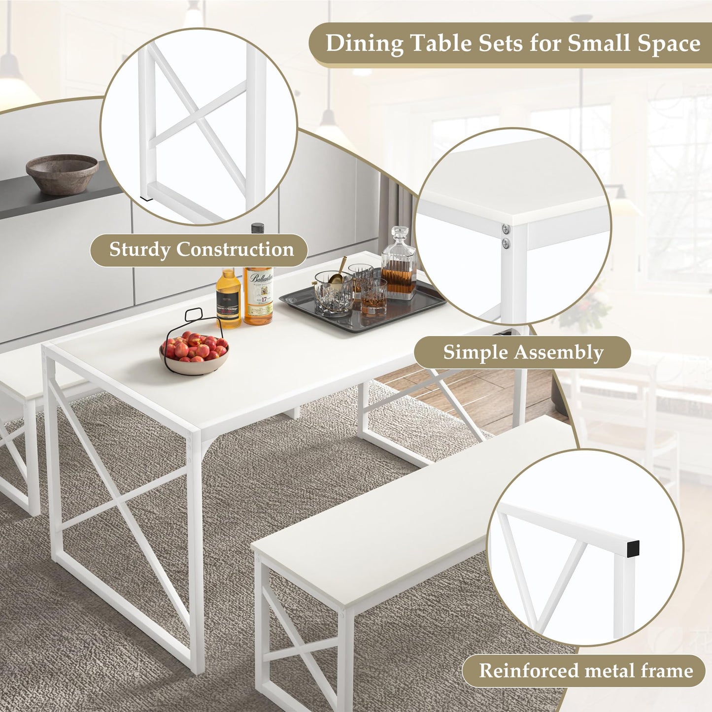 VECELO Kitchen Dining Table Set for 4, 55" Wood Rectangle Dinette with 2 Benches, Heavy-Duty Metal Frame for Small Space, Breakfast Nook, White