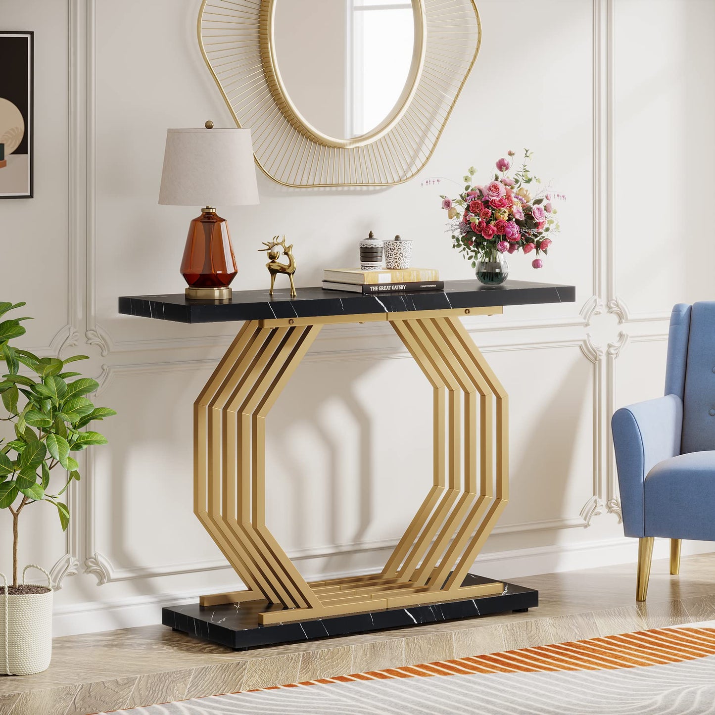Tribesigns Gold Console Table, Faux Marble Entryway Table Narrow Sofa Table with Geometric Metal Base, 40 Inch Modern Accent Table Entrance Table for Living Room, Hallway, Foyer, Black