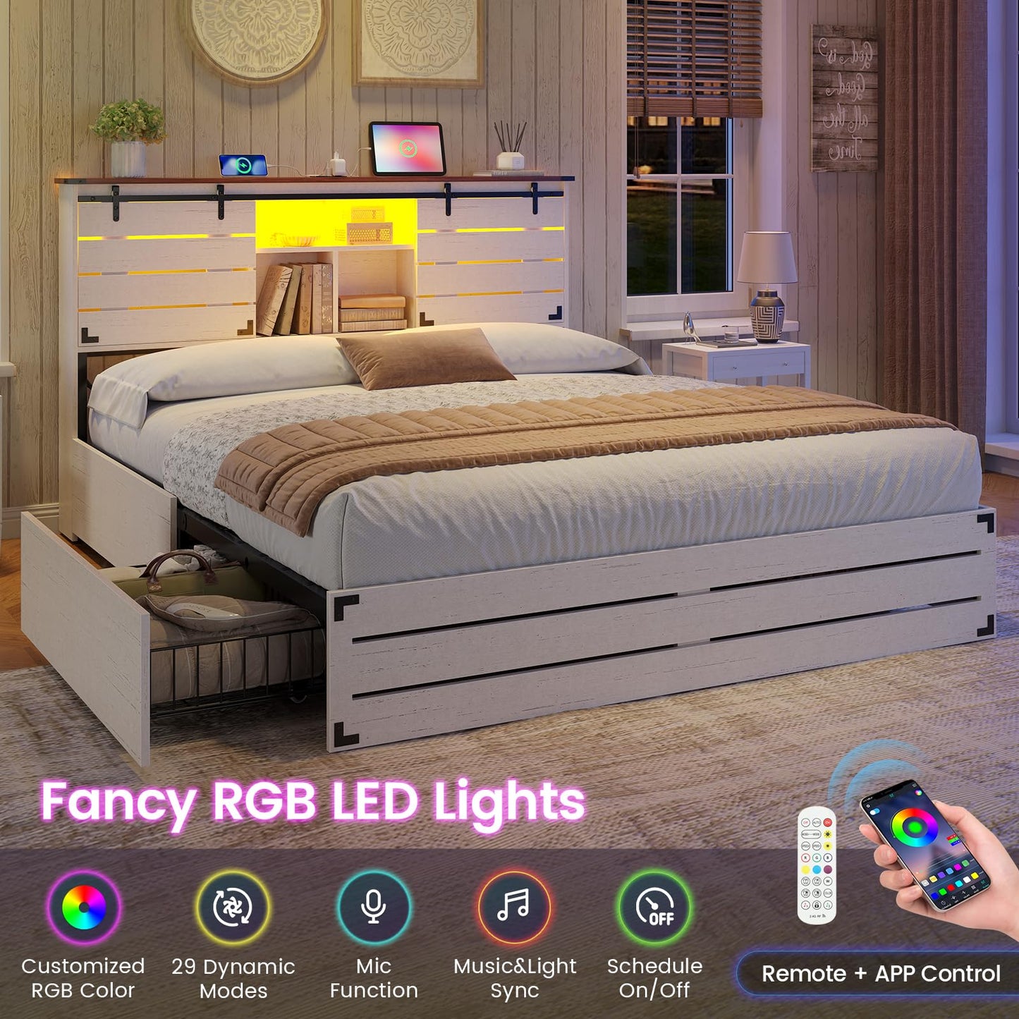 VIAGDO Wooden Bed Frame Full Size with Bookcase Headboard and Sliding Barn Door, Farmhouse Bed Frame Full Size with Charging Station, LED Lights and 4 Storage Drawers, No Box Spring Needed, White