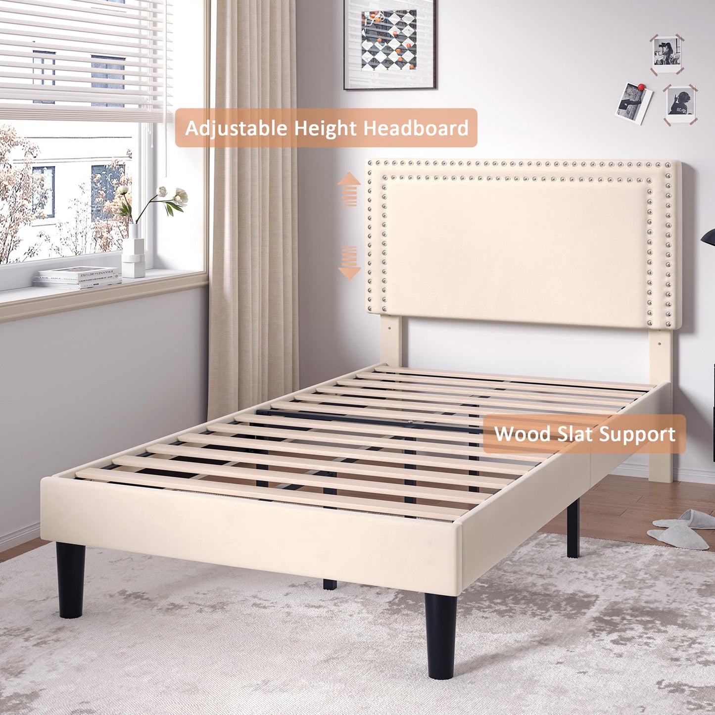 VECELO Twin Size Bed Frame with Adjustable Upholstered Headboard, Strong Wood Slats Platform Support, No Box Spring Needed, Easy Assembly