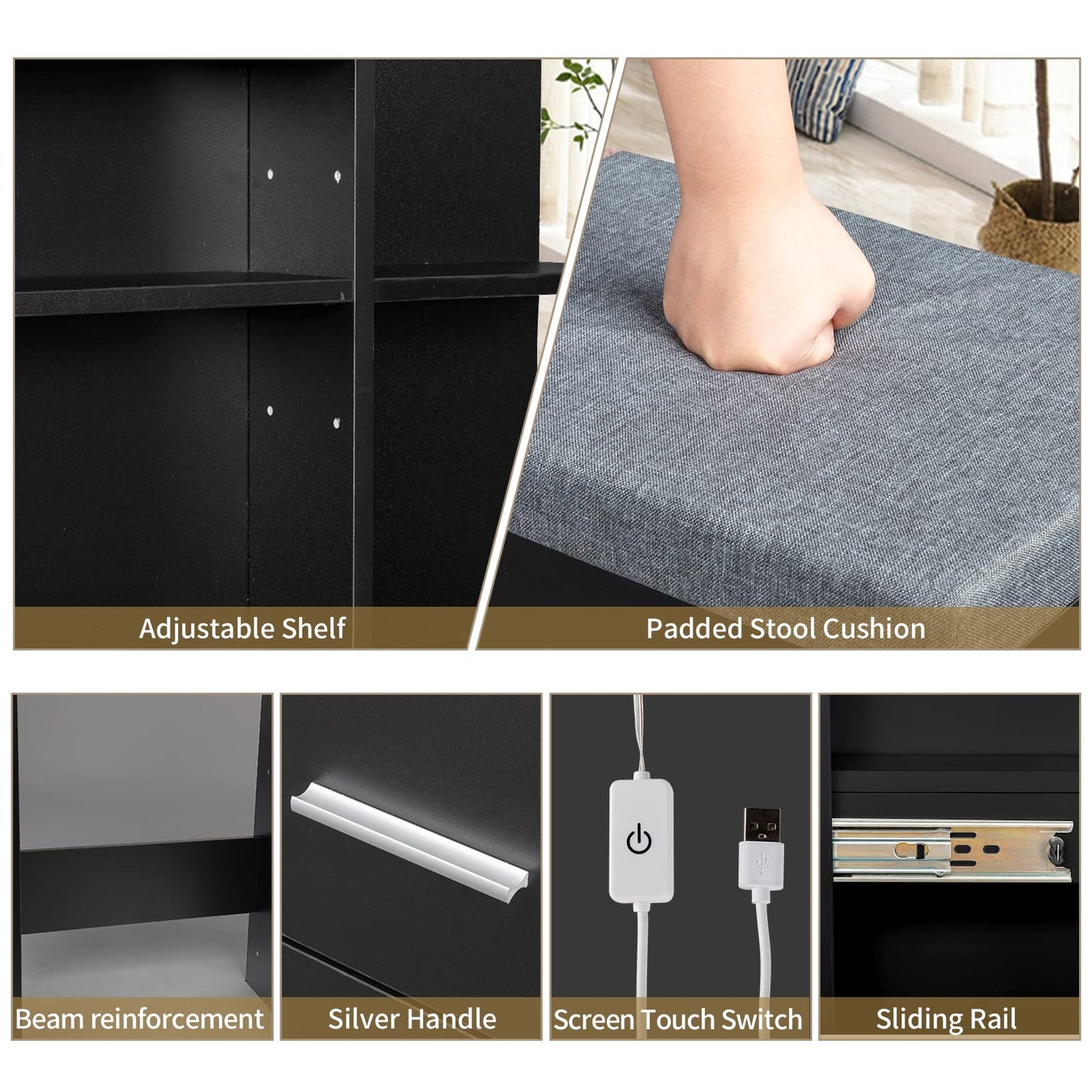 Karl home Lighted Vanity Desk with Sliding Mirror Black Makeup Table with 5 Drawers, Storage Shelves, Cushioned Stool, LED Dressing Table Set for Women