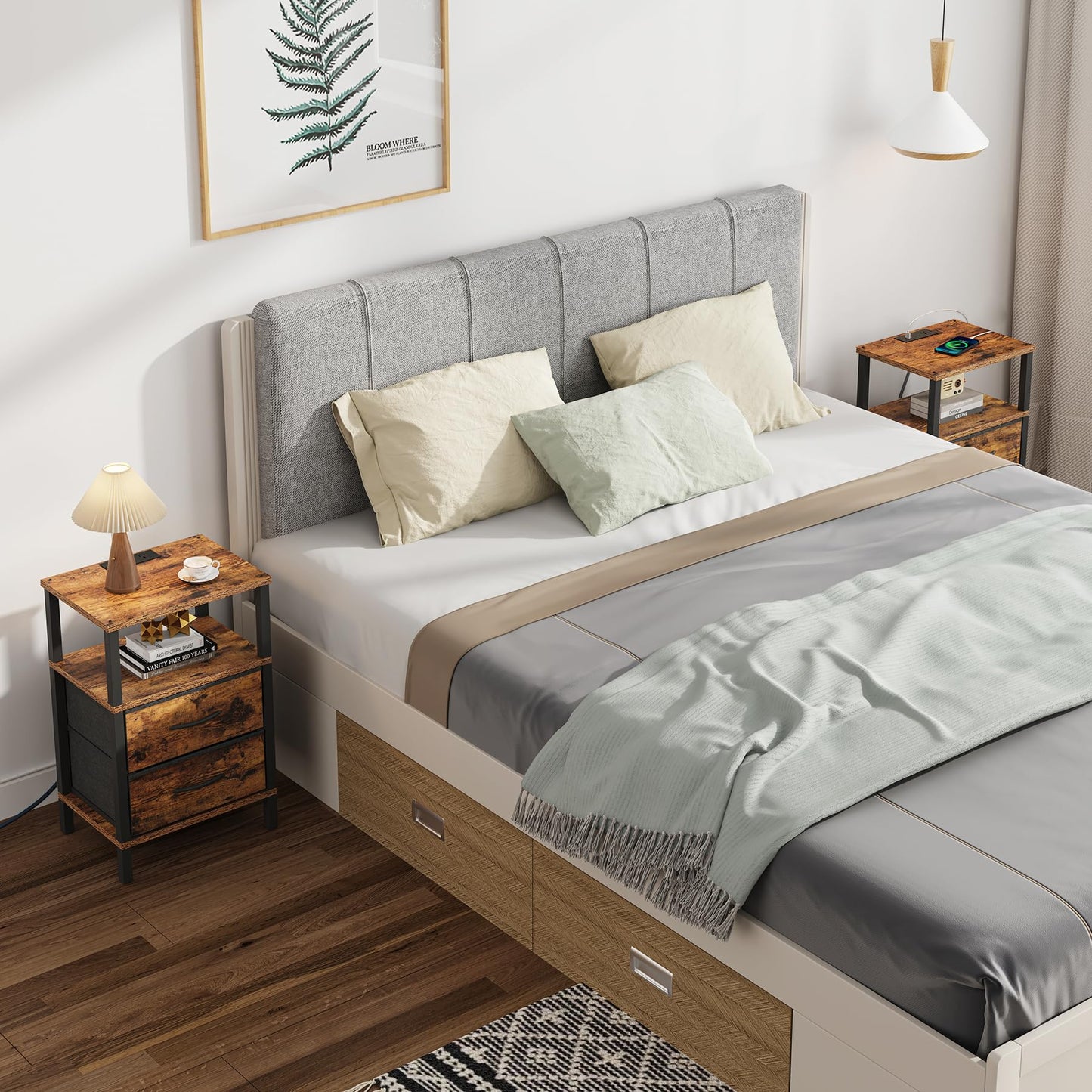 TUTOTAK End Table with Charging Station, Side Table with 2 USB Ports and Outlets, Nightstand with Cloth Drawer, Set of 2, Couch Table, Brown TB01BB067