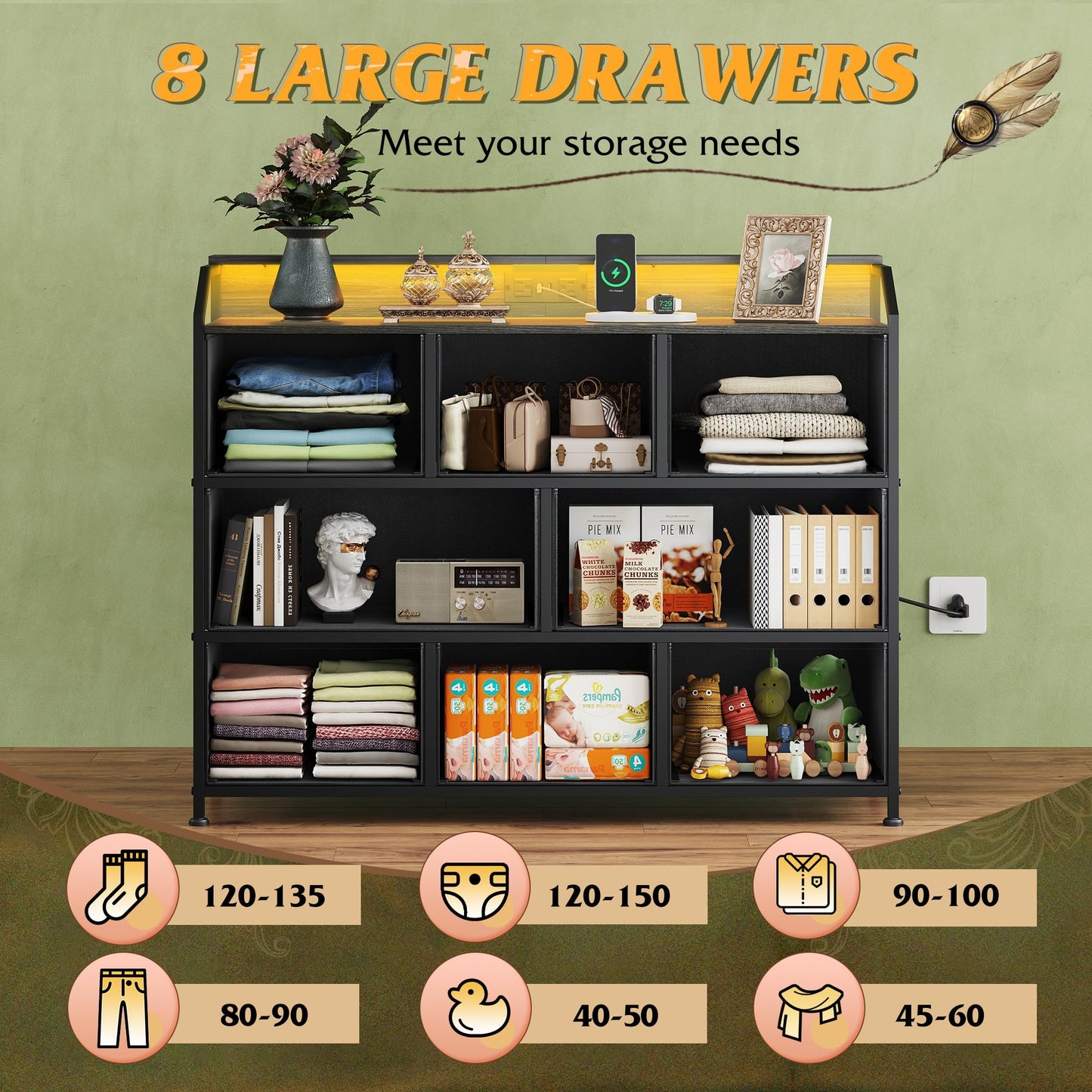 WLIVE Led Dresser for Bedroom, TV Stand for Bedroom with LED Lights and Power Outlet, Wide Chest of Drawers for Hallway, 8 Fabric Drawers for Living Room and Entryway, Charcoal Black Wood Grain Print