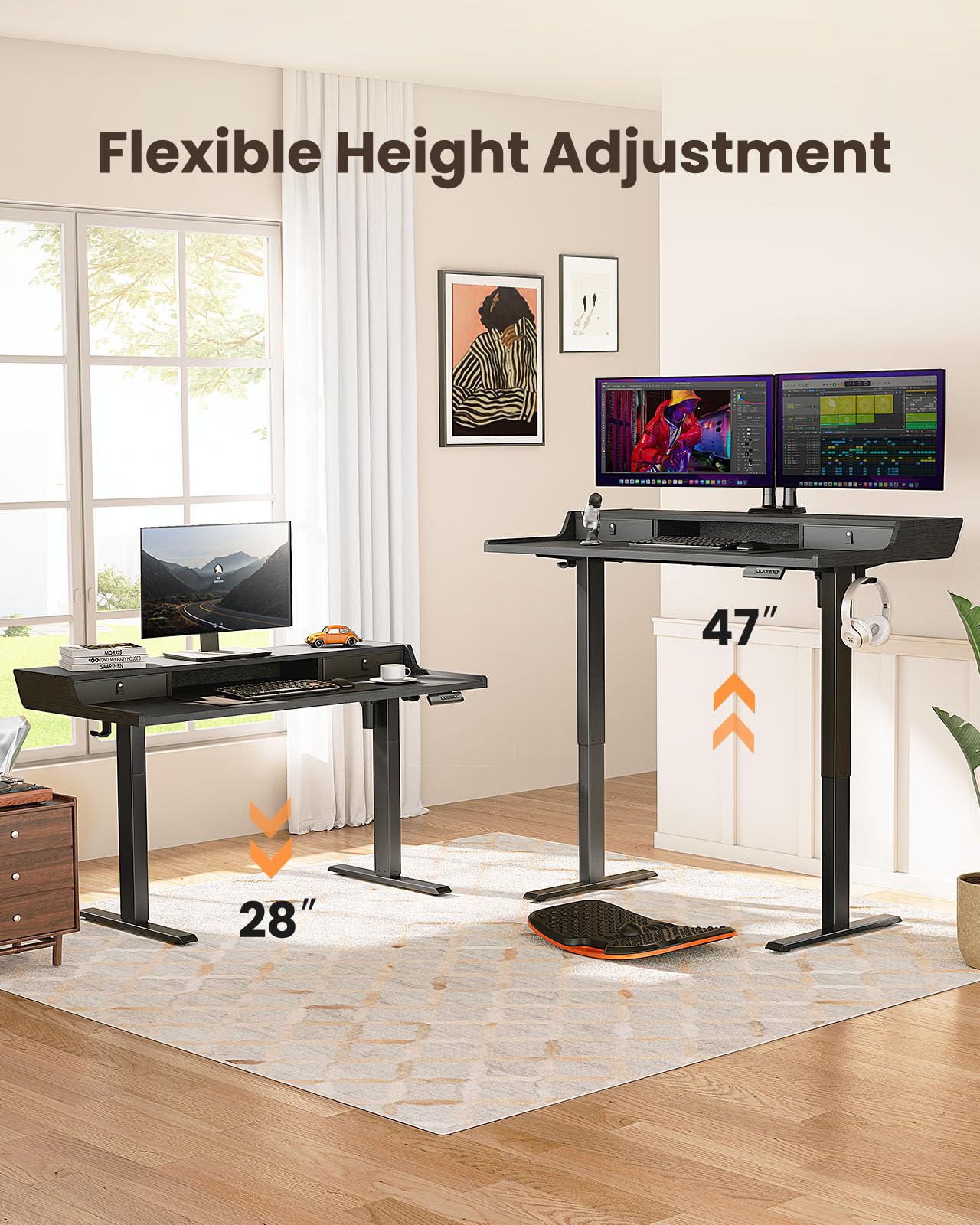 ErGear Electric Standing Desk with Drawers, 55″ x 28″ Gaming Table Compatible Monitor Stand, Stand up Desks, Home Office Height-Adjustable Desk with Storage Shelf, 4 Preset Heights, Black