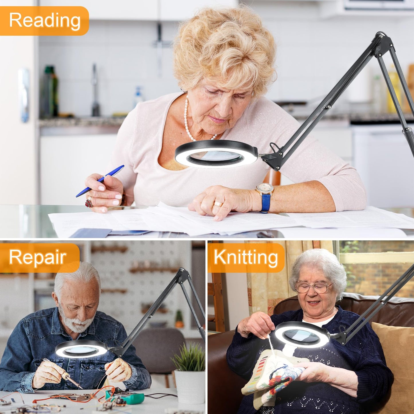 10X Large Magnifying Glass with Light and Stand, KRSTLV 2 x 16 Inch Adjustable Swivel Arm LED Desk Lamp with Clamp, 5 Color Modes Stepless Dimmable, Lighted Magnifier Hands Free for Close Work, Hobby