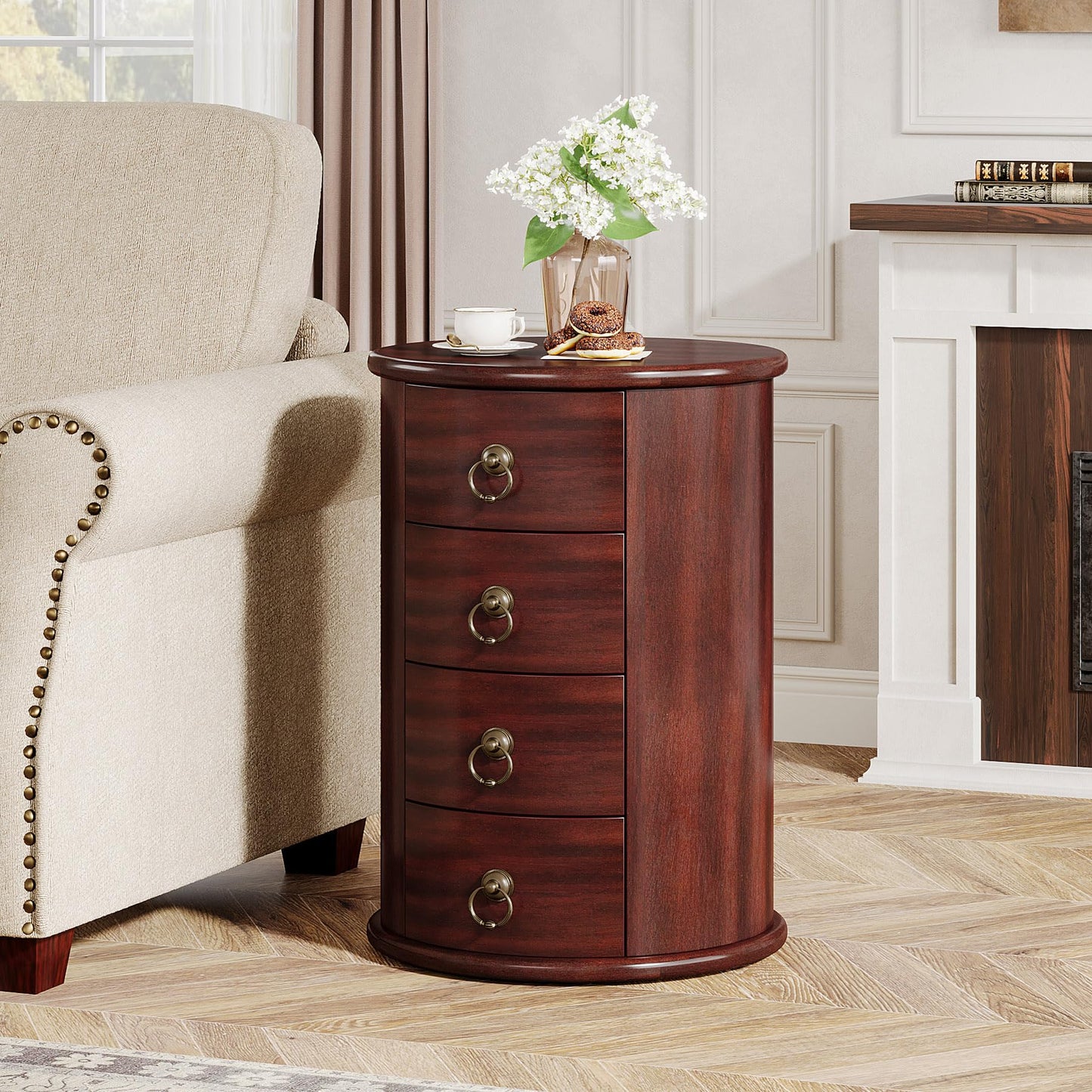 Tribesigns Solid Wood Nightstand, Round Night Stand with 4 Drawers, Rustic Bedside Table Tall Nightstand for Bedroom, Living Room, No Assembly Required (1)