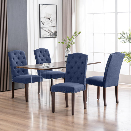 VKNOW Button Tufted Dining Chairs Set of 4, High Back Dining Room Chairs with Wood Legs, Upholstered Fabric Side Kitchen Chairs for Kitchen Dining Room, Navy Blue