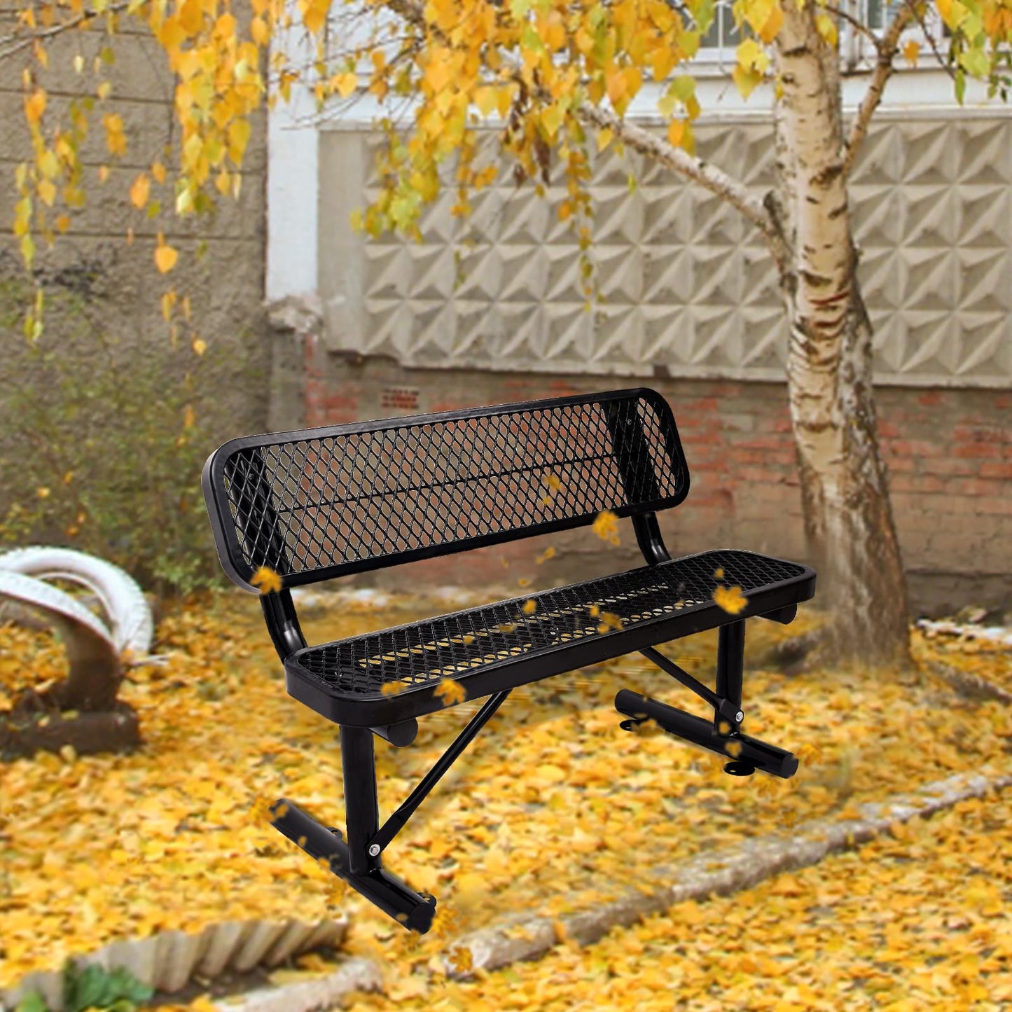 4FT Heavy Duty Park Bench with Back Portable Frame, Outdoor Metal Park Bench with Backrest, Steel Mesh Outdoor Bench for Garden, Lawn, Patio, Porch, Park, Yard (Black, 48" D x 23.2" W x 32.5" H)