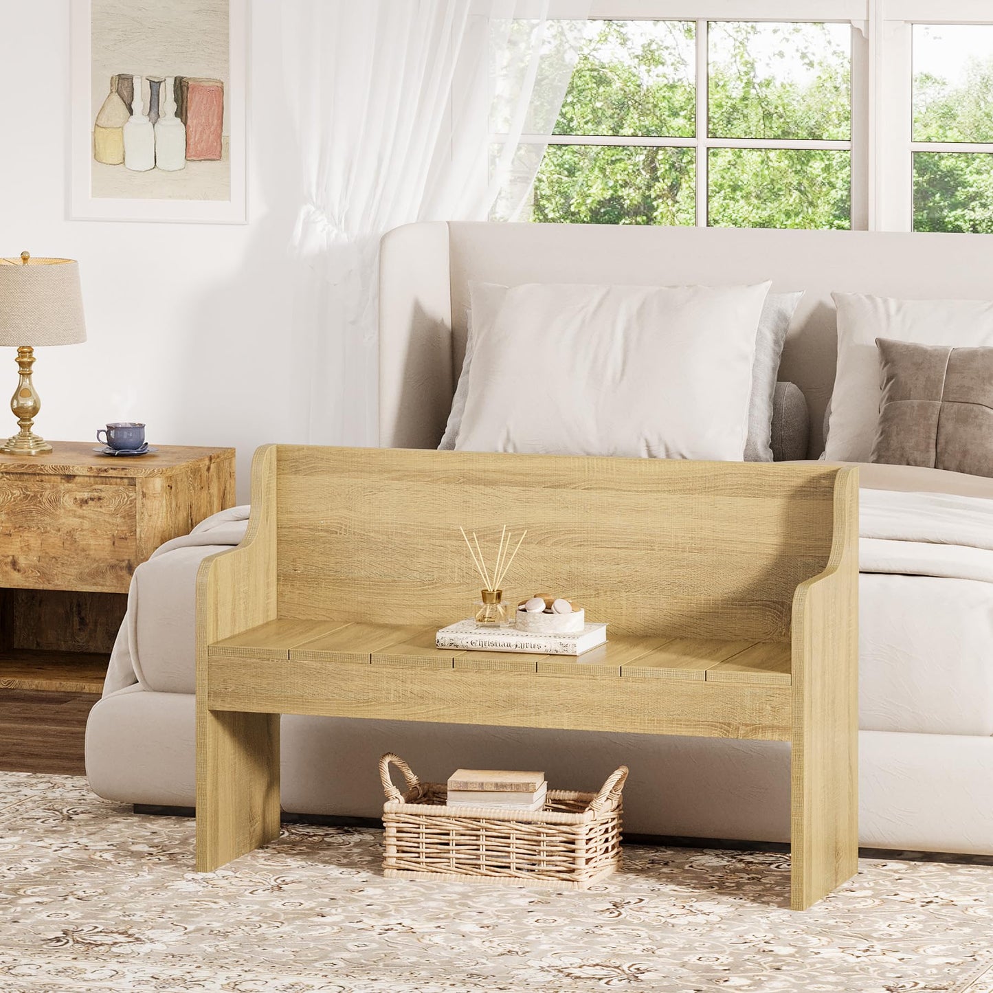 Tribesigns Entryway Bench with Back, 43.3" Farmhouse Wooden Indoor Bench, End of Bed Stool for Bedroom, Living Room, Dining Room, Easy Assembly, Natural