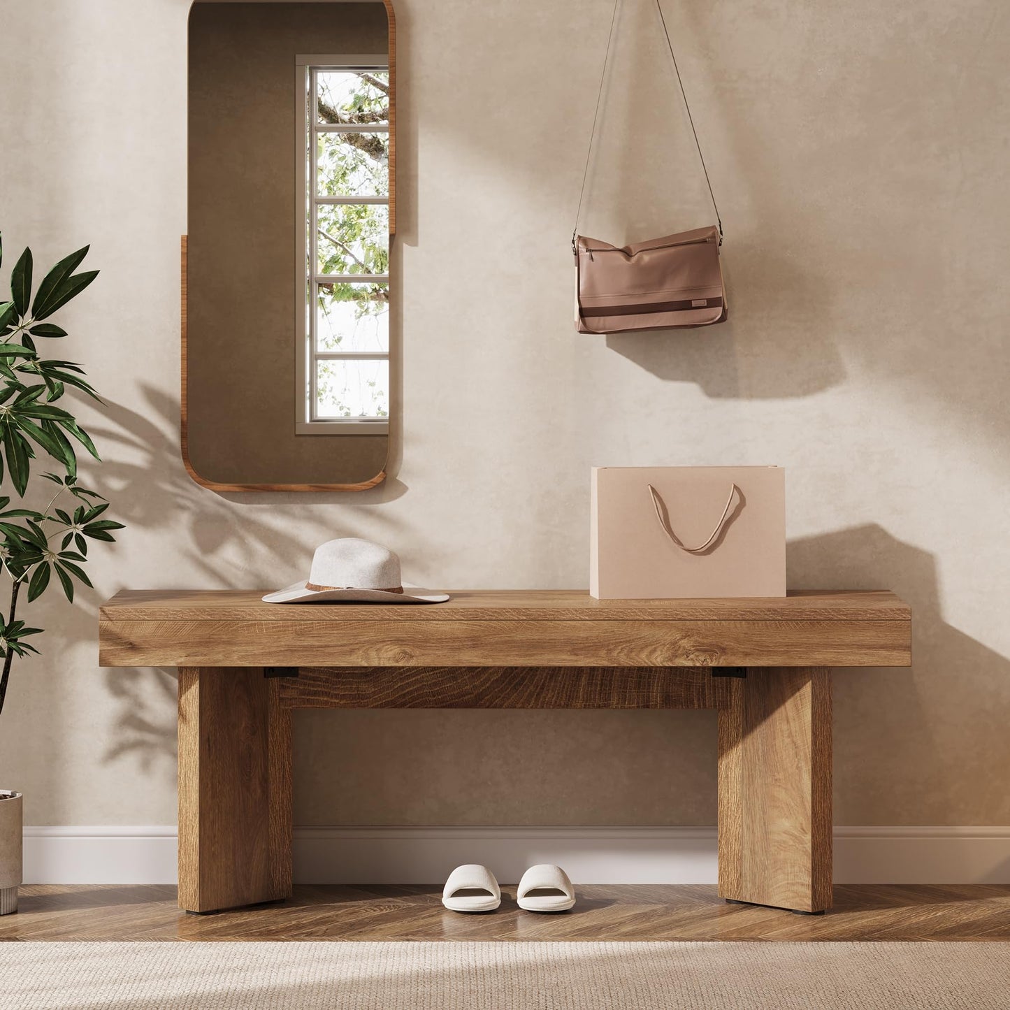 Tribesigns 47" Wooden Entryway Bench, Farmhouse Indoor End of Bed Bench, Long Table Benches Seat for Bedroom, Hallway, Foyer, End of Bed (Rustic Brown)