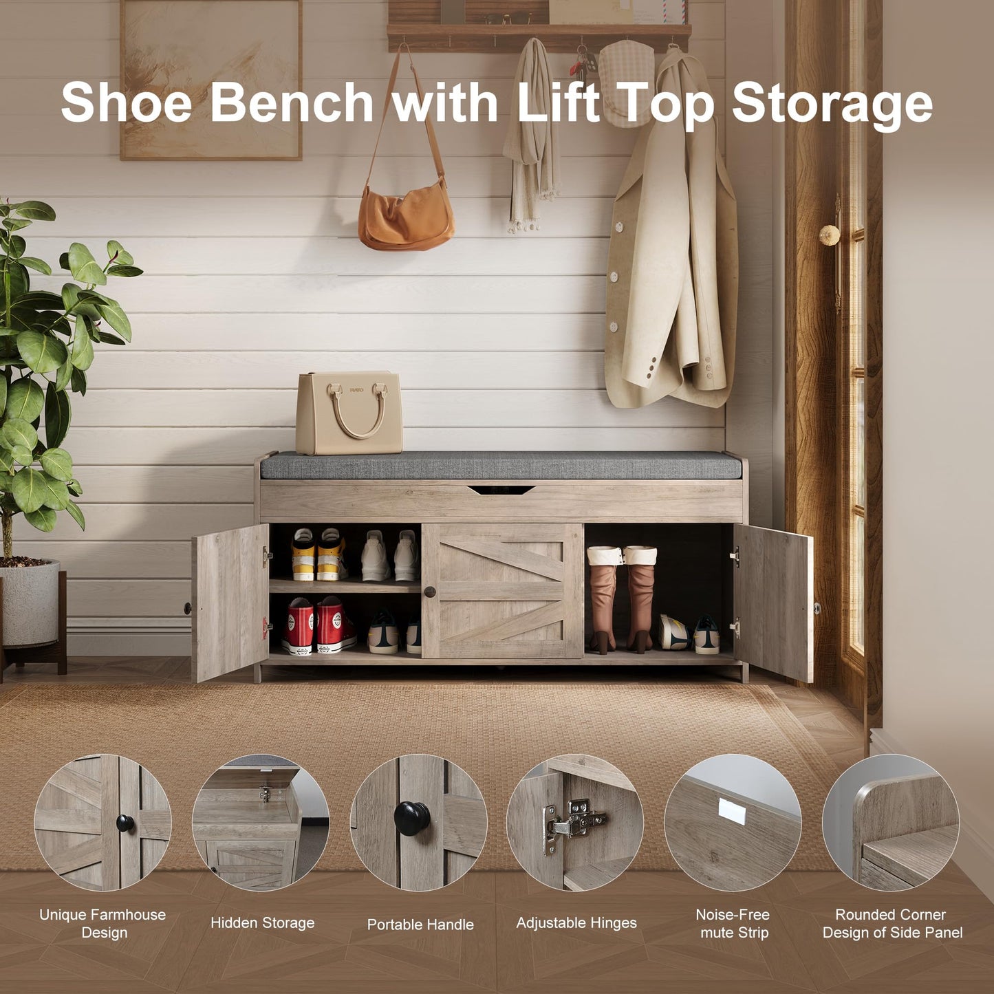 Xdwwhome Shoes Bench with Cushion, Storage Bench, Entryway Bench with Lift Top Storage, 43.3" Wooden End of Bed Bench, Shoe Bench Cabinet for Living Room Bedroom Hallway Garden, 330 lbs, Light Grey