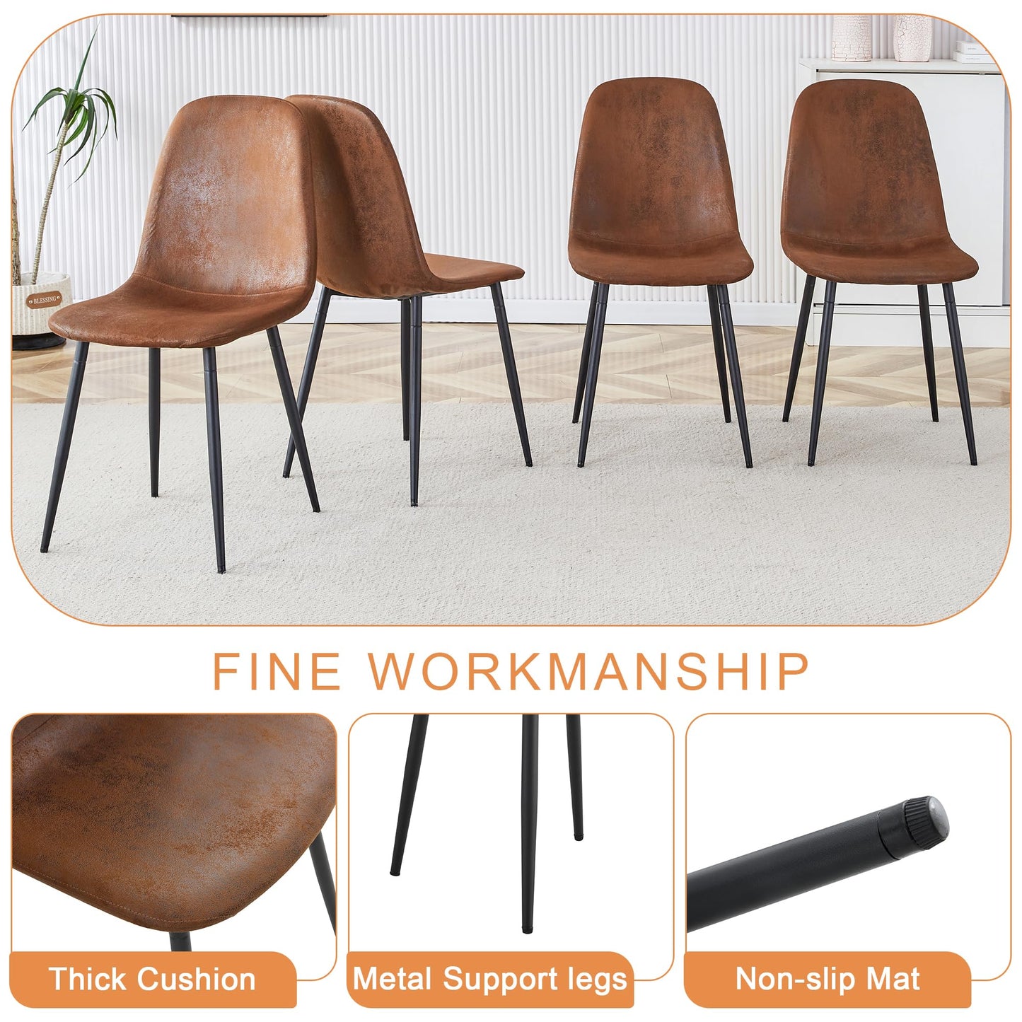 5 Piece Dining Table Set for 4, 55" Rustic Dinner Table Set for 4 with Rectangular Wood Table and 4 Suede Chairs, Modern Kitchen Table and Chairs Set of 4, Suitable for Living Dining Room Apartment