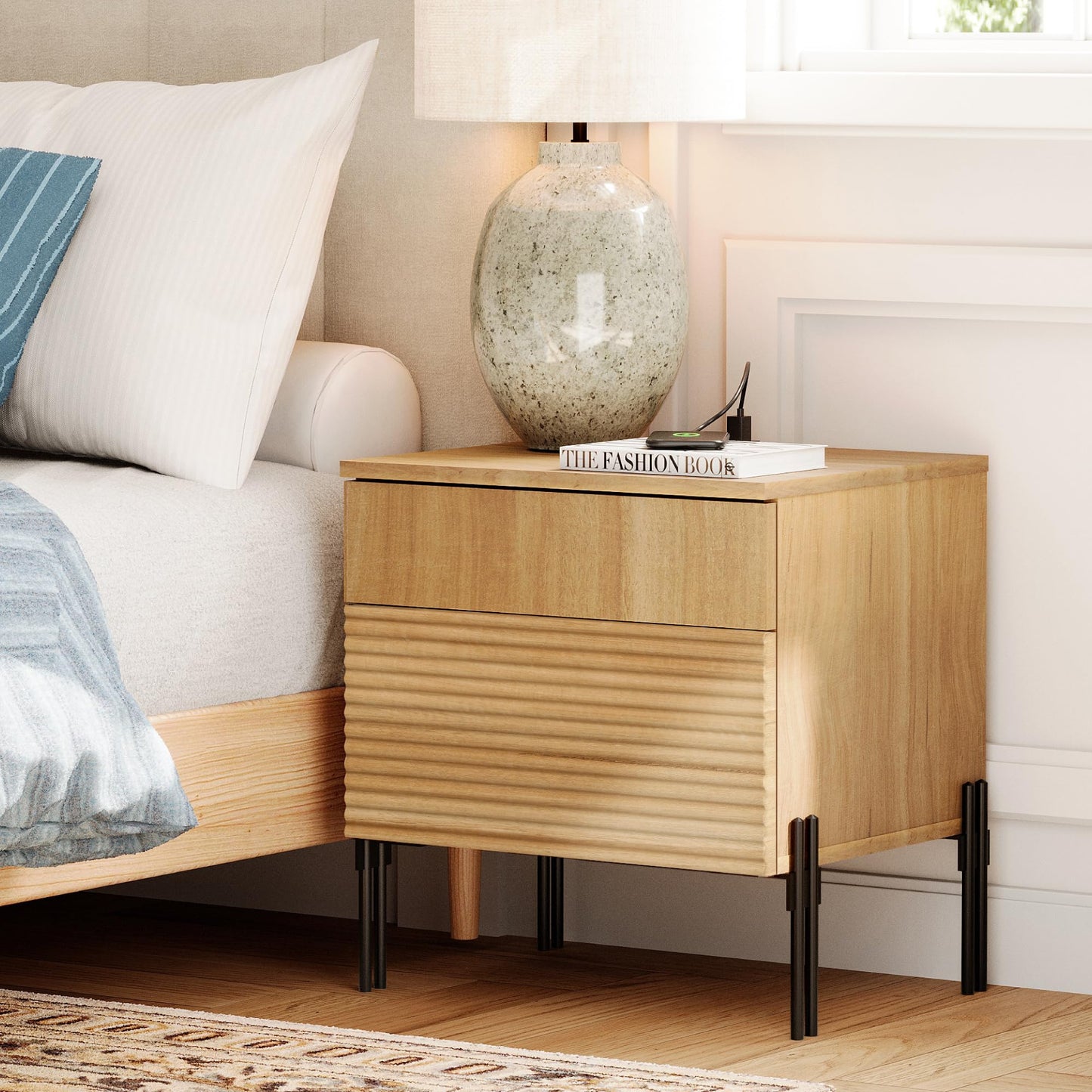 WAMPAT Fluted Nightstand with Charging Station,19.1" W Mid Century Modern Night Stands, Wood Side End Table with 2 Drawers, Wood Bedside Table with Metal Legs for Bedroom,Living Room, Oak (1)