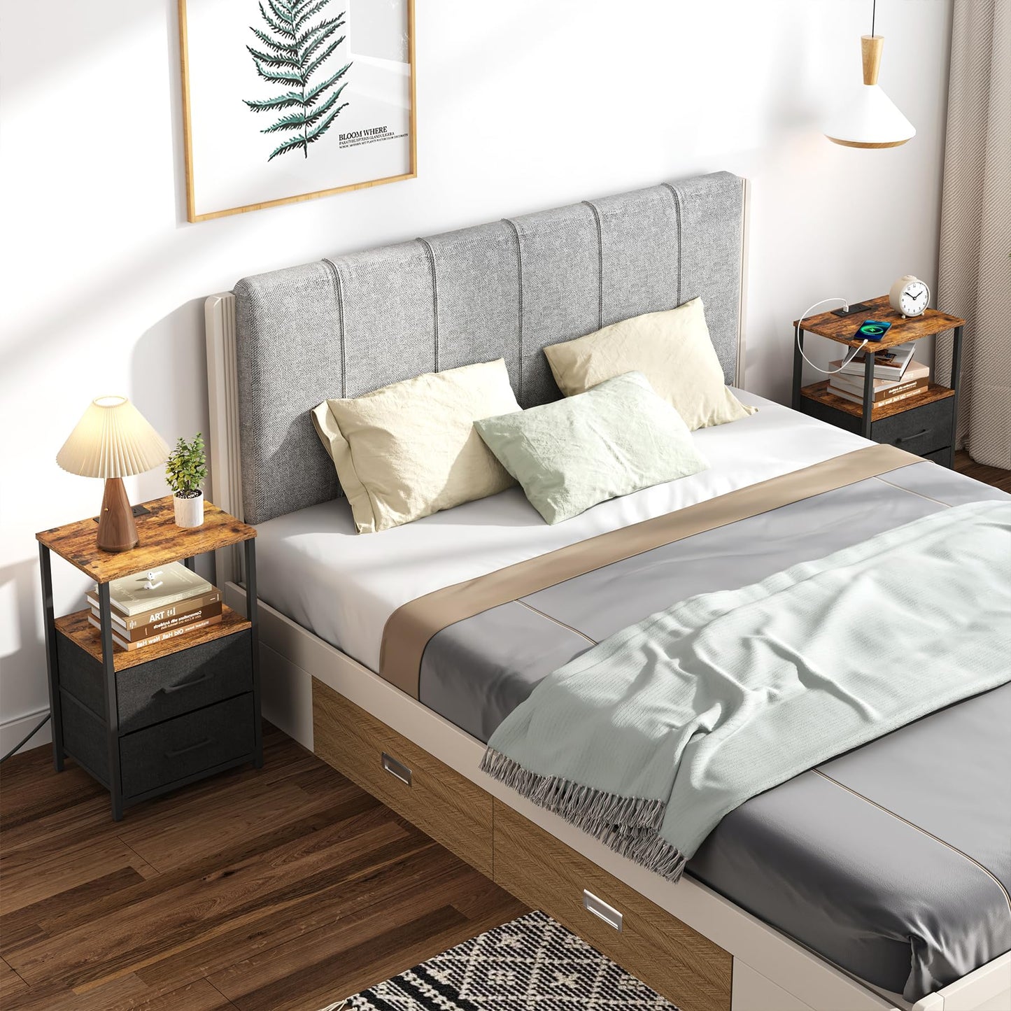 TUTOTAK End Table with Charging Station, Side Table with 2 USB Ports and Outlets, Nightstand with Cloth Drawer, Set of 2, Couch Table, Brown and Black TB01BB052K