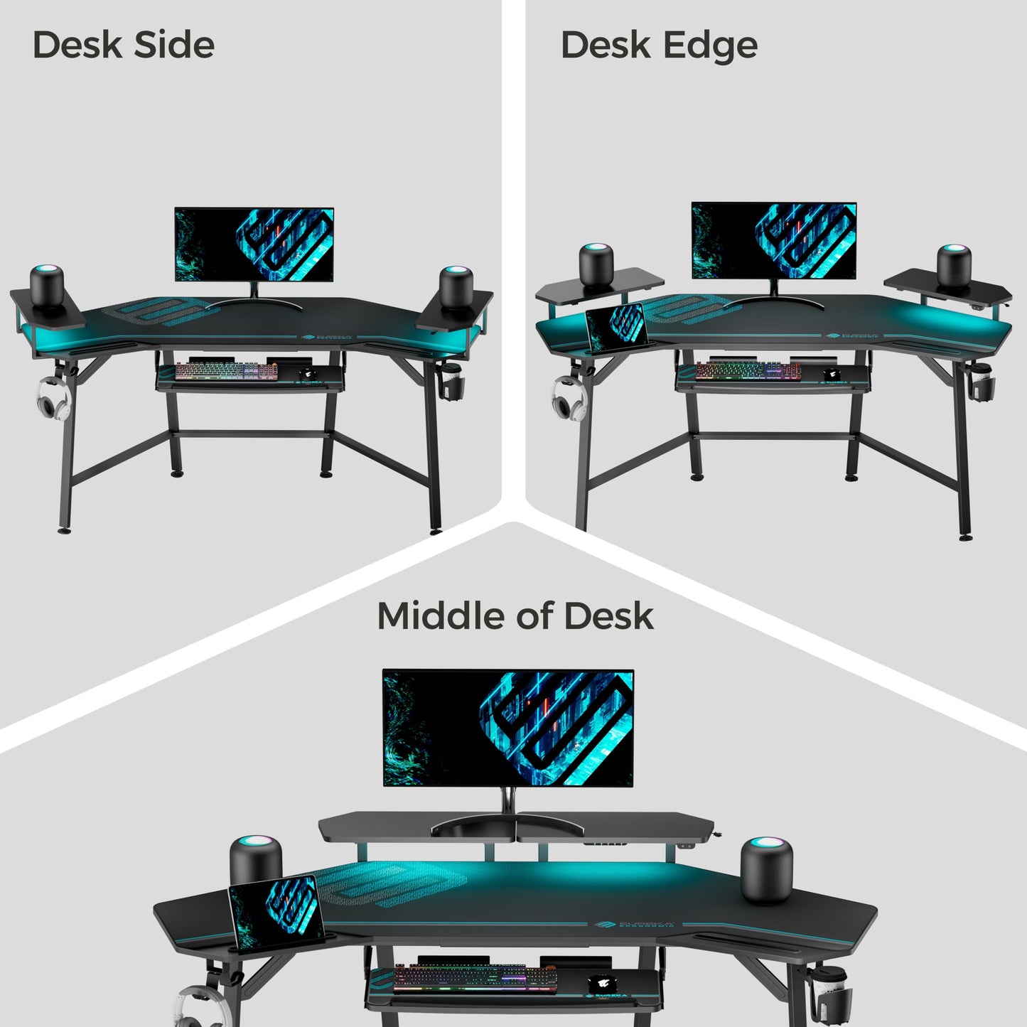 EUREKA ERGONOMIC Aero Gaming Desk with Led Lights, 72" Large Wing-Shaped Studio Desk W Keyboard Tray Monitor Stand Dual Headphone Hanger Cup Holder for Live, Streamer