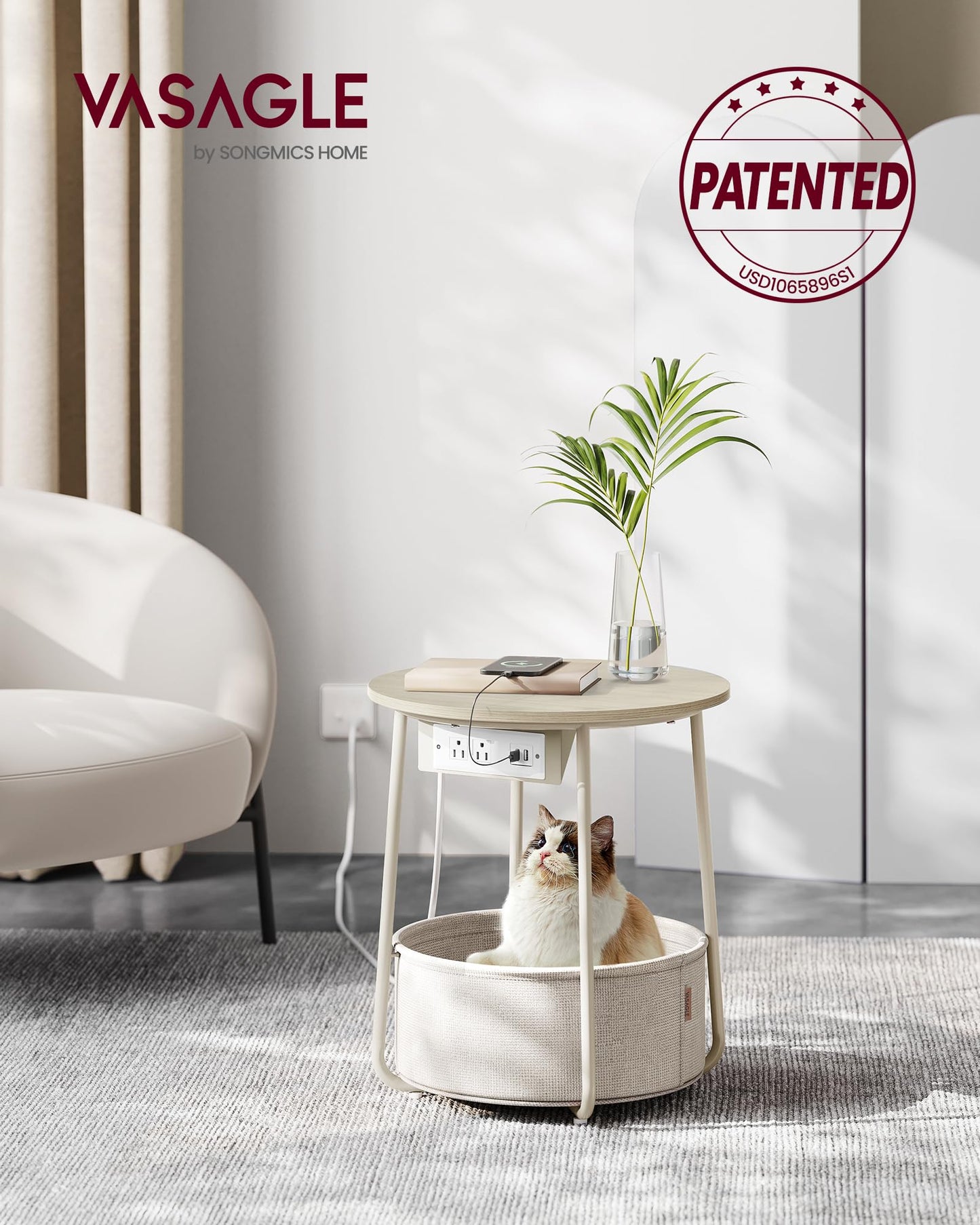 VASAGLE Side Table with Charging Station, Round End Table with Fabric Basket, Nightstand with Power Outlets, USB Ports, for Living Room, Bedroom, Modern, Cream White ULET228N01