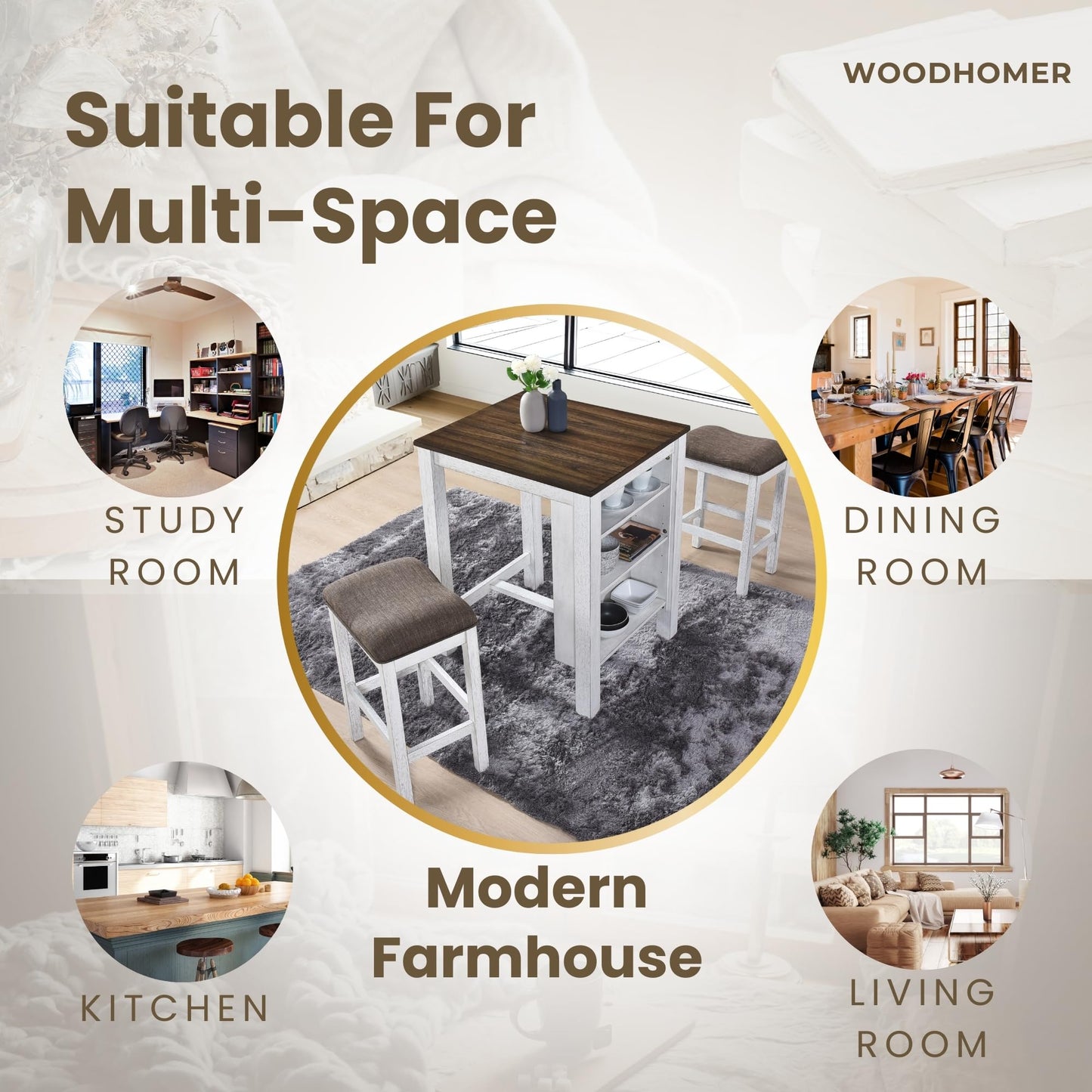 WOODHOMER 3-Piece Wooden Dining Table Set, Kitchen Island with Seating for 2, Kitchen Bar Table with Stools, Counter Height Dining Table Set, Antique Dark Oak & White, Farmhouse Style