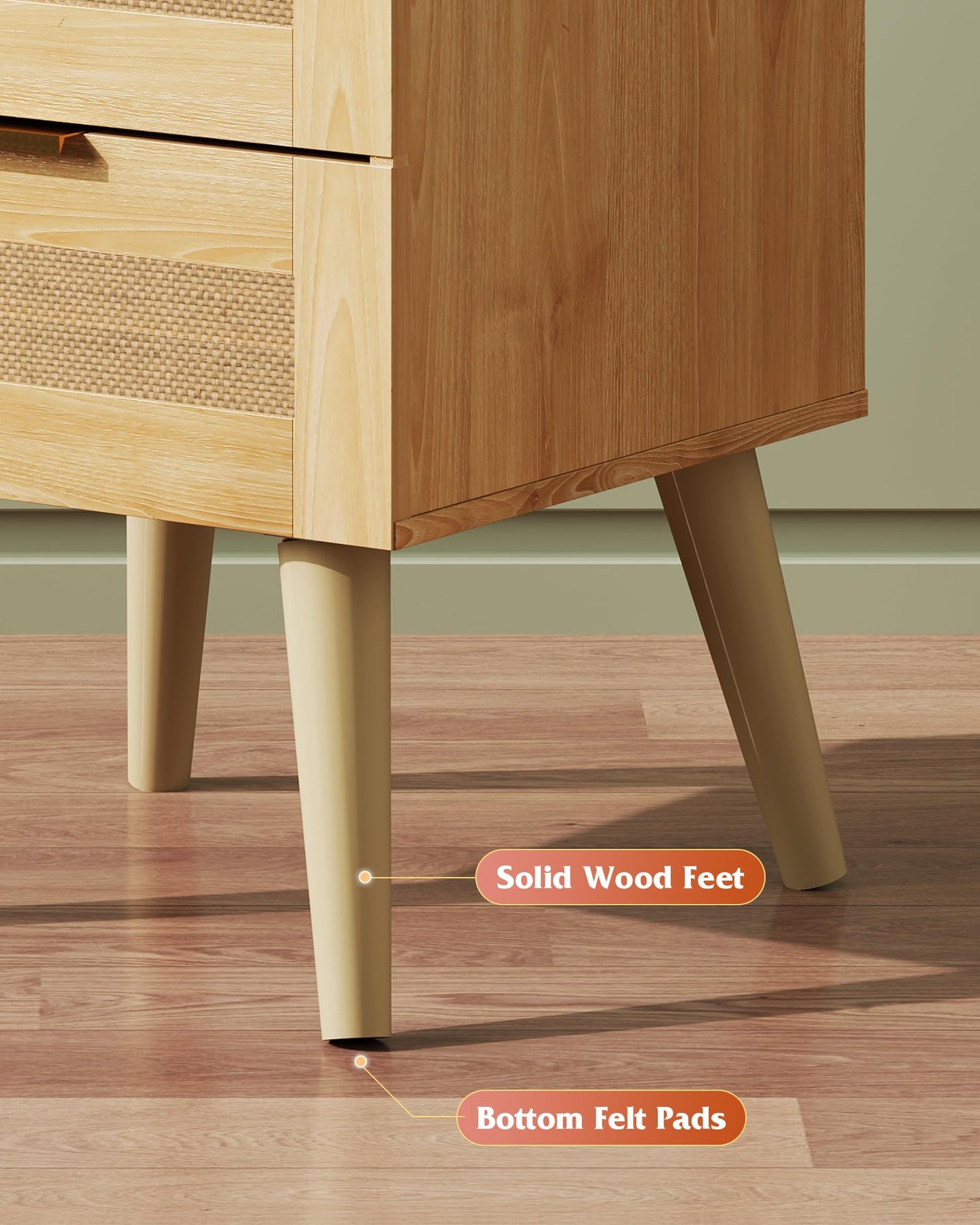 WLIVE Wood Nightstand Set of 2, Night Stand Sets with 2 Rattan Decor Drawers, End Tables with Solid Legs, Bed Side Table for Bedroom, Living Room, Natural Oak