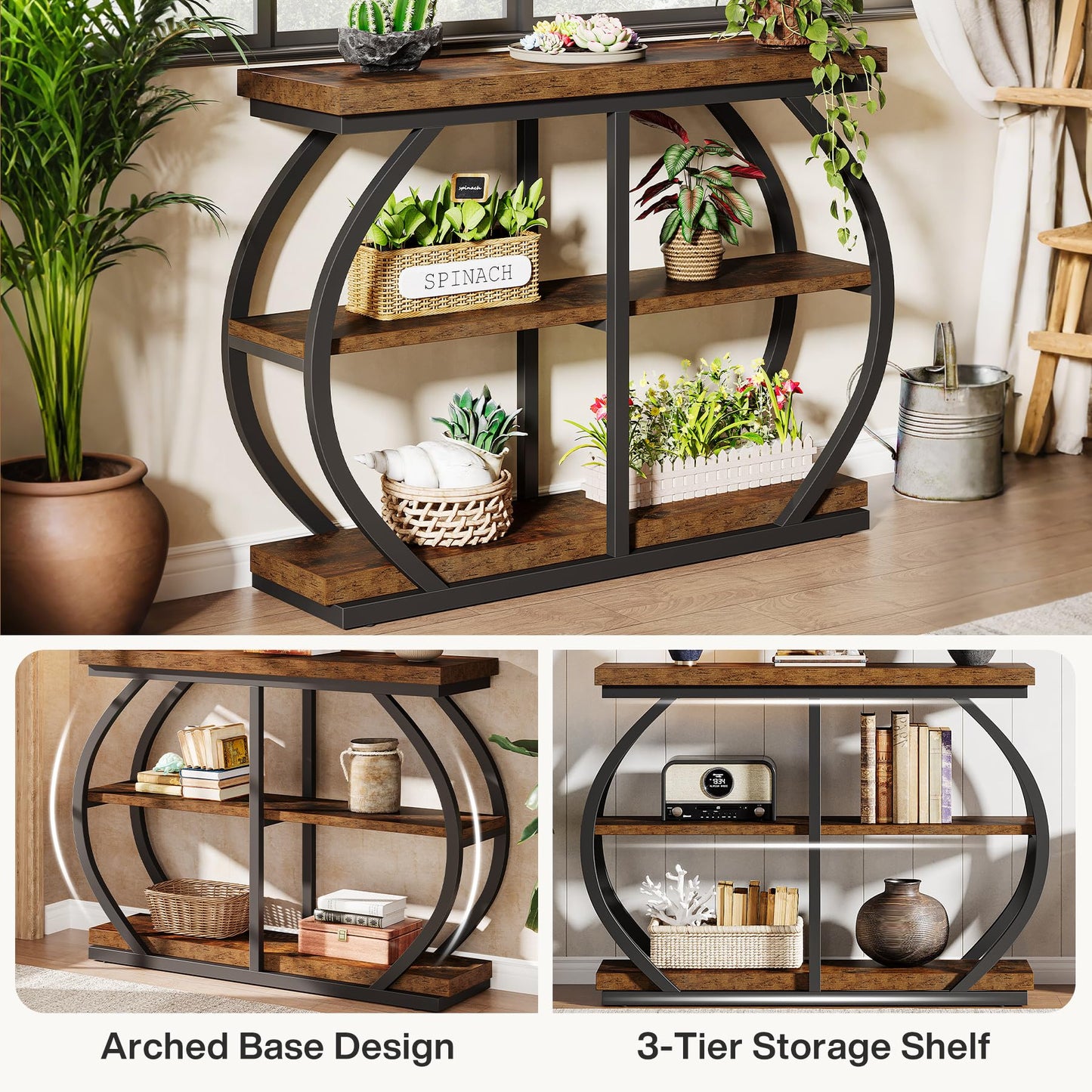 Tribesigns 41.3" Console Table, Industrial 3-Tier Entryway Table with Arched Metal Frame and Storage Shelves for Living Room, Hallway, Rustic Brown