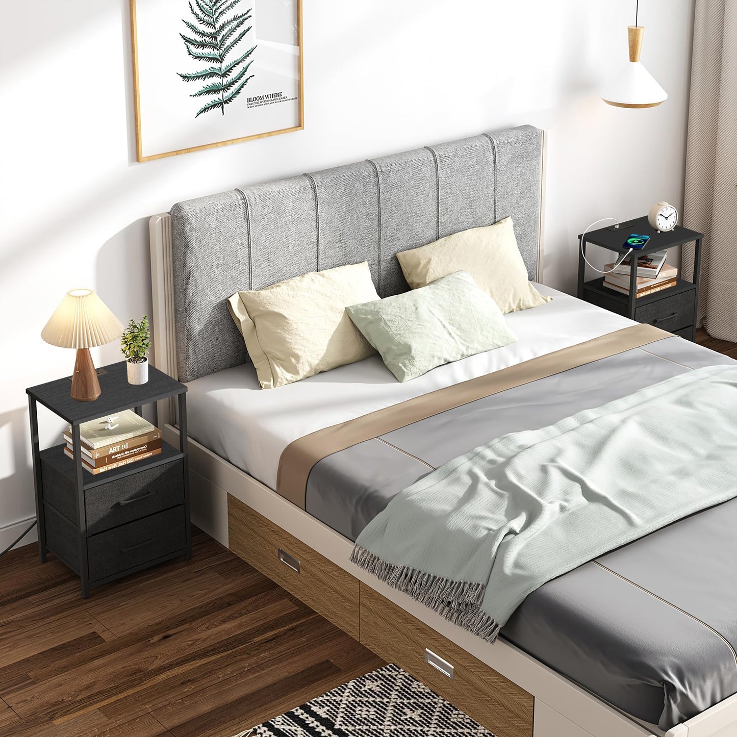 TUTOTAK End Table with Charging Station, Side Table with 2 USB Ports and Outlets, Nightstand with Cloth Drawer, Set of 2, Couch Table, Black TB01BK052