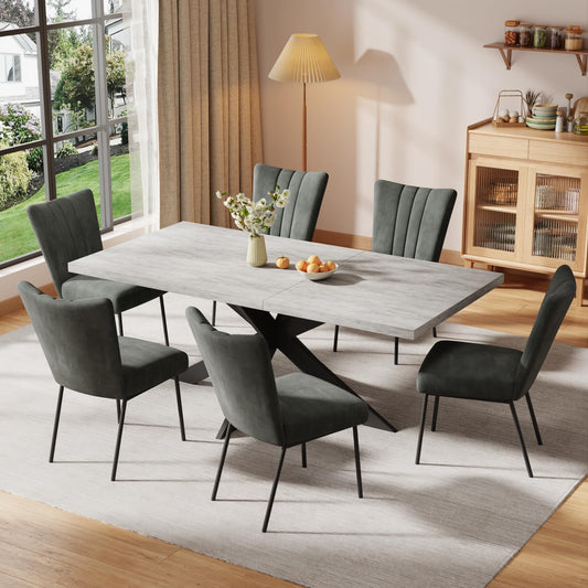 ZckyCine 6-Piece Extendable Dining Table Set, Modern 51''–67'' Grey Wood Table with 6 Black Fabric Chairs, Dining Room Table and Chairs for 6, Ideal for Kitchen or Dining Room