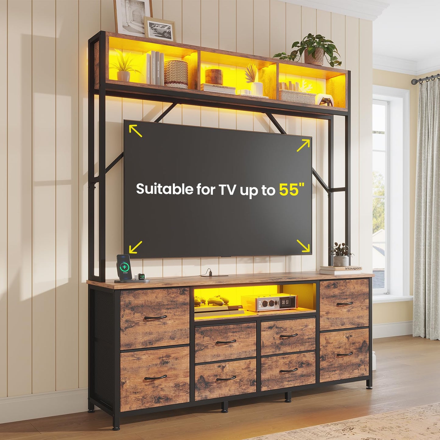 BTHFST 55" TV Satnd for Bedroom Room, Wall Unit Entertainment Center with 2 LED Lights & Power Outlets, TV Stand Dresser with 6 PU Fabric Drawers & 4 Open Storage Shelves, Rustic Brown