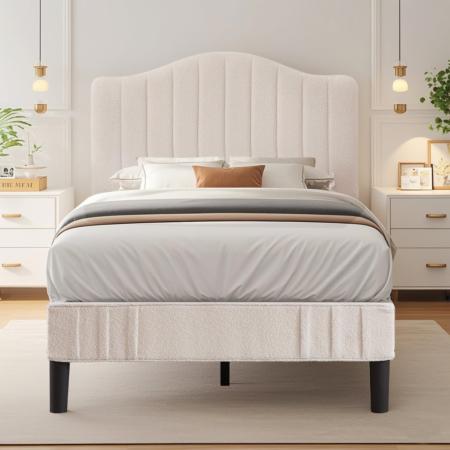 VECELO Twin Bed Frame Upholstered Platform Bed Frame with Height Adjustable Teddy Fabric Headboard, Strong Wood Slats Supports 7.9'' Under Bed Space Noise Free No Box Spring Needed, Cream