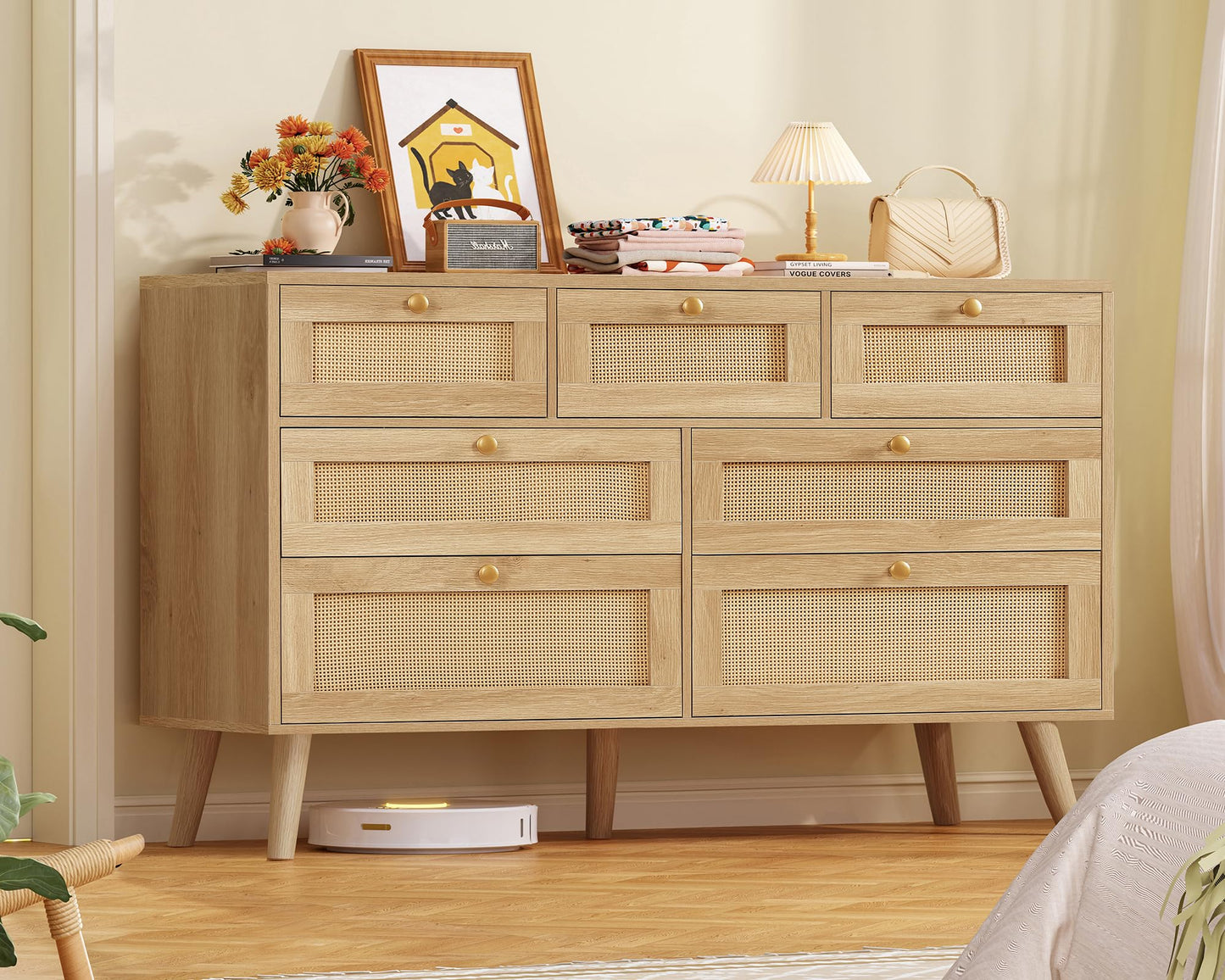 TEENFON 47.2''Wide 7 Drawer Rattan Dresser, Boho Dresser for Bedroom, Chest of Drawers, Closet Organizer, Natural Wood Dressers Chest for Bedroom, Living Room, Entryway, Natural