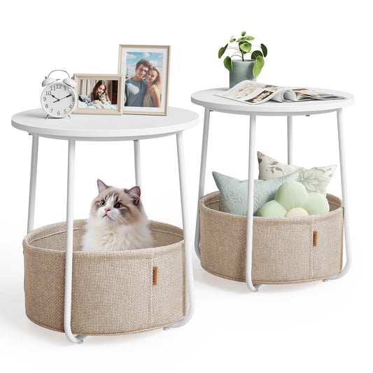 VASAGLE Nightstands, Set of 2 Small Round Side Tables with Fabric Basket, Bedside End Tables, for Bedroom, Matte White and Camel Brown ULCT665W01