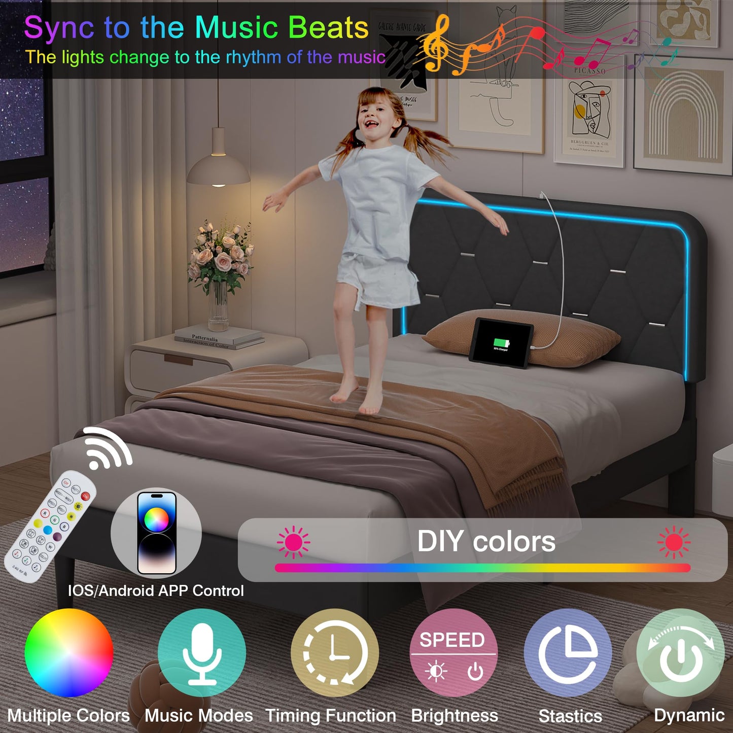 VECELO Upholstered Twin Bed Frame with Headboard Adjustable, Velvet Platform Bed with LED Lights, Charging Station, Mattress Foundation with Wooden Slats, Noise Free, No Box Spring Needed, Dark Grey