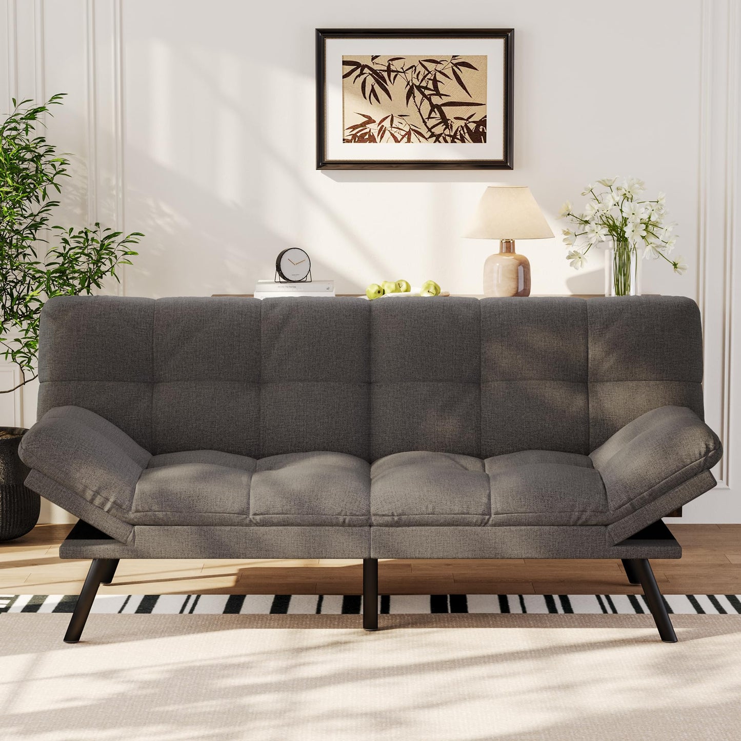 Vipbear 71" Convertible Futon Sofa Bed,Linen Fabric Futon Couch with Detachable Cushion,Adjustable Backrest & Armrest,Modern Loveseat Sleeper Recliner for Living Room,Office,Apartment,Dark Grey