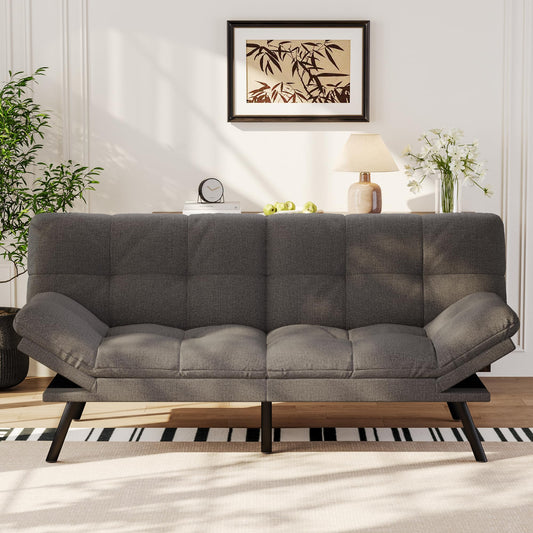 Vipbear 71" Convertible Futon Sofa Bed,Linen Fabric Futon Couch with Detachable Cushion,Adjustable Backrest & Armrest,Modern Loveseat Sleeper Recliner for Living Room,Office,Apartment,Dark Grey