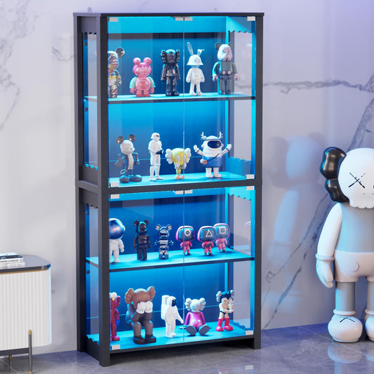 TEROL Display Cabinet with Glass Doors, 63” 4-Tier Wood Display Case with RGB Lights for Collectibles, Tall Curio Cabinet Anti-Tipping with Adjustable Shelves, Storage Cabinets for Living Room, Study