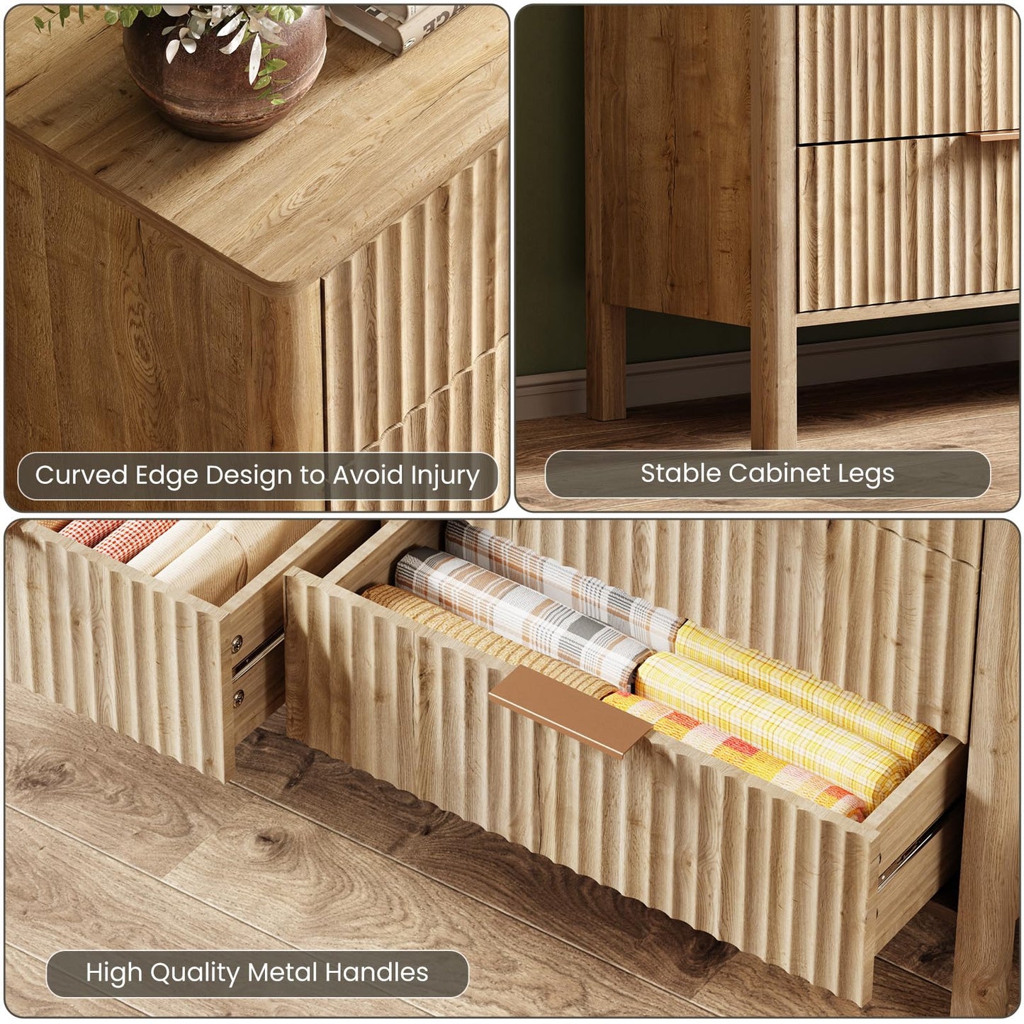 55" Wide Fluted 6 Drawer Dresser for Bedroom, Wooden Dresser Modern Chest of Drawers TV Stand Dressers with Organizer Storage for Bedroom, Living Room, Entryway, Oak