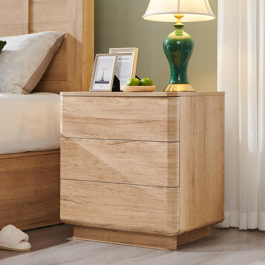 ACCOHOHO 22" Modern Nightstand with Charging Station, 3 Push-to-Open Handleless Drawers Bedside Table, Large End Table with Storage, Night Stand for Bedroom, Living Room, Curved Profile, Natural Oak
