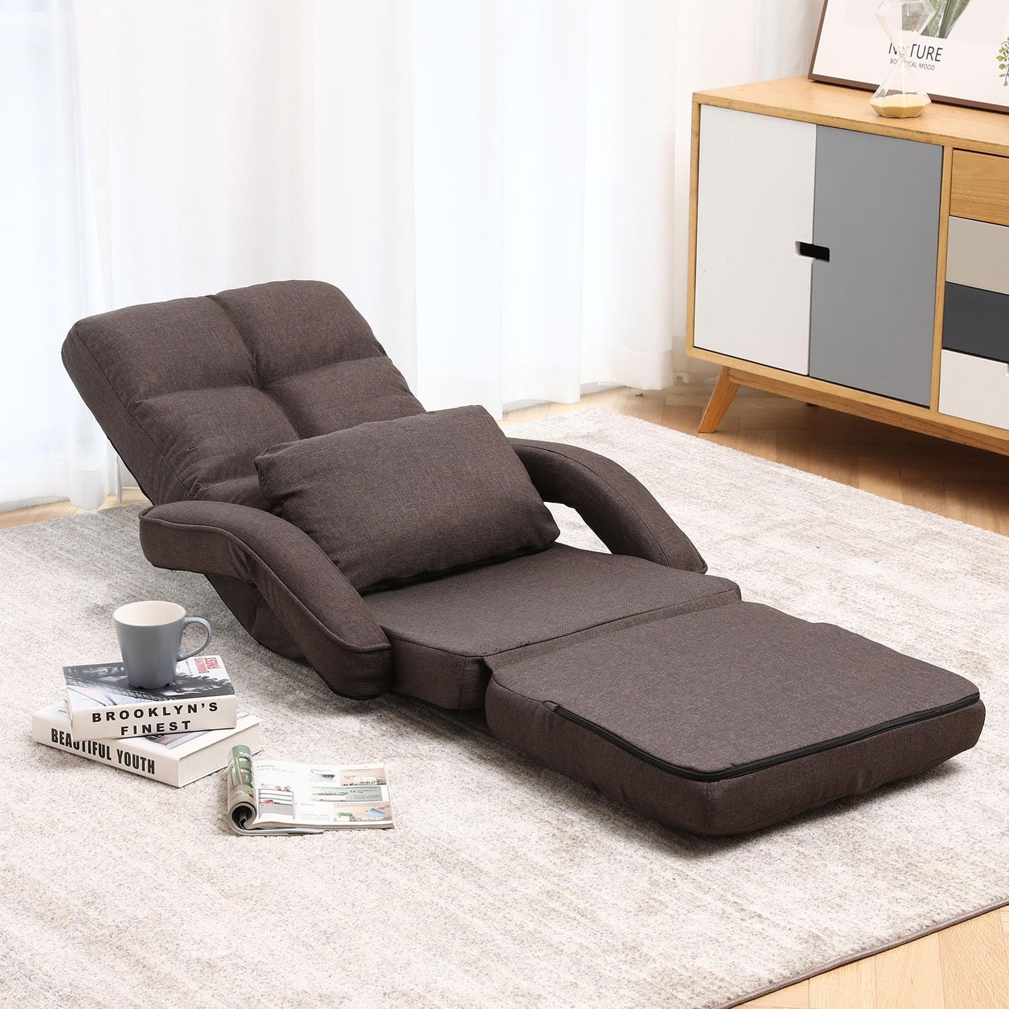 DeeLyan Indoor Floor Chair with Armrest and Pillow Folding Chaise Lounge Sofa 14-Position Adjustable Comfy Gaming Recliner Chair Padded Seats for Adults (Brown)