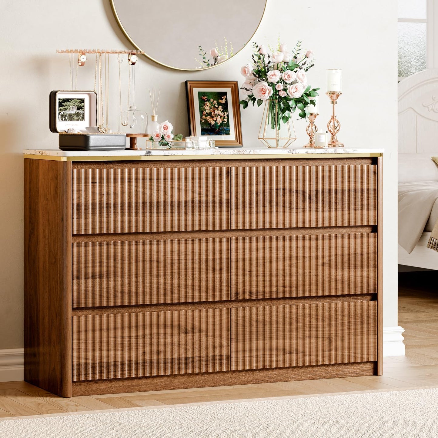 Ieejdn Fluted Dresser for Bedroom with 6 Drawers, 47.2" Modern Chest of Drawers with Faux Marble Top, Curved Profile Design,Dresser TV Stand, Wood Drawer Organizer for Living Room, Hallway, Walnut