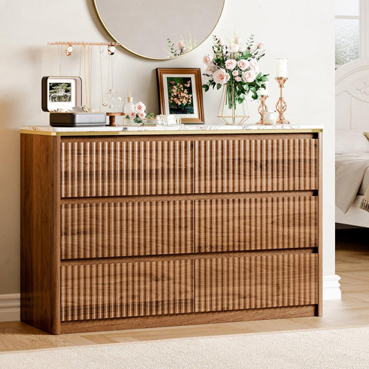 Ieejdn Fluted Dresser for Bedroom with 6 Drawers, 47.2" Modern Chest of Drawers with Faux Marble Top, Curved Profile Design,Dresser TV Stand, Wood Drawer Organizer for Living Room, Hallway, Walnut