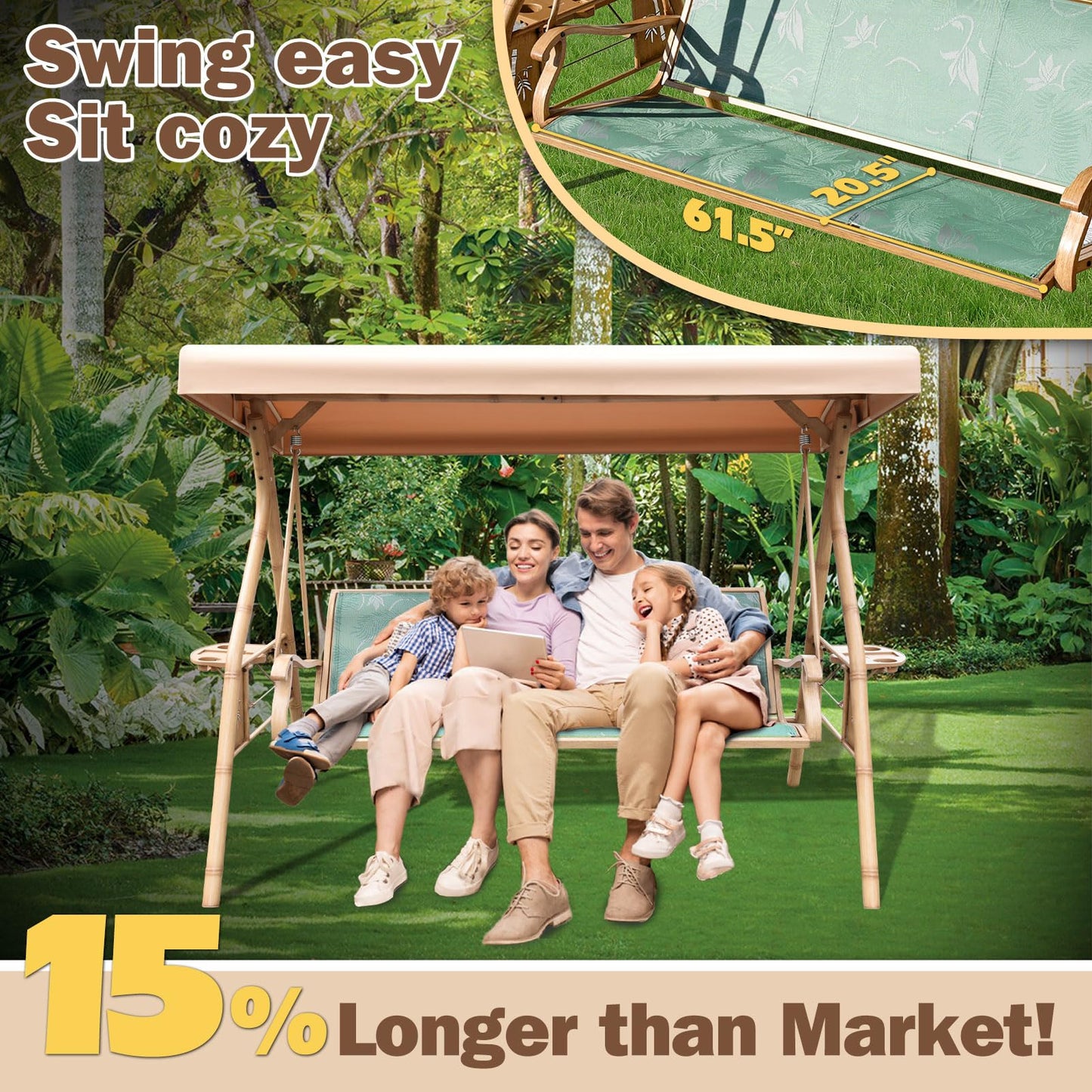 ZZW 3 Person Patio Swing Outdoor Swing for Adults with Adjustable Canopy &Upgraded Cup Holders Textilene Fabric Porch Swing Chair with Stand Heavy Duty 800 LBS