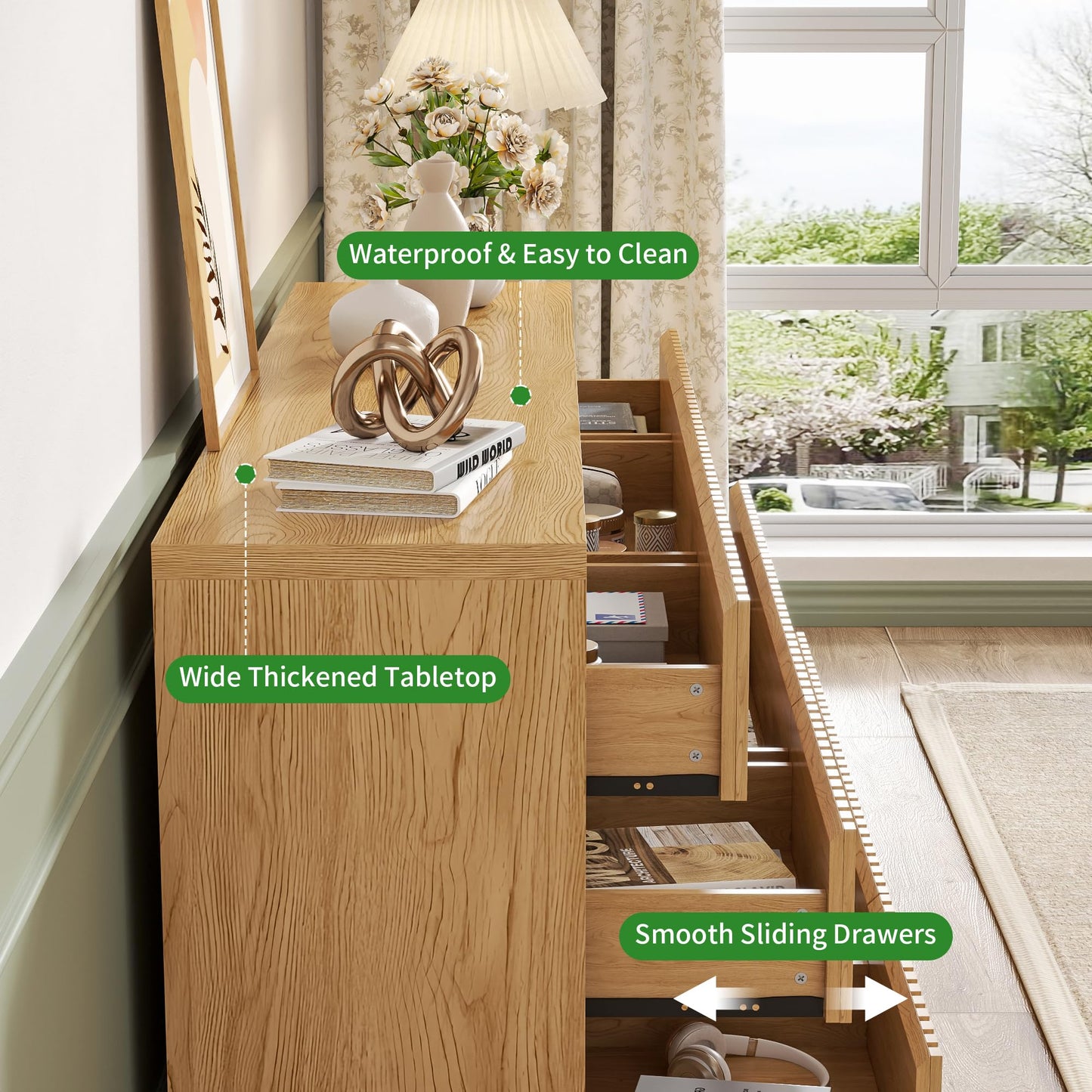 Jluomei Long Dresser for Bedroom with 9 Drawers, 58" Wide Modern Chest of Drawers, Large Wood Dresser TV Stand, Boho Fluted Closet Clothes Storage Organizer for Living Room, Natural Oak