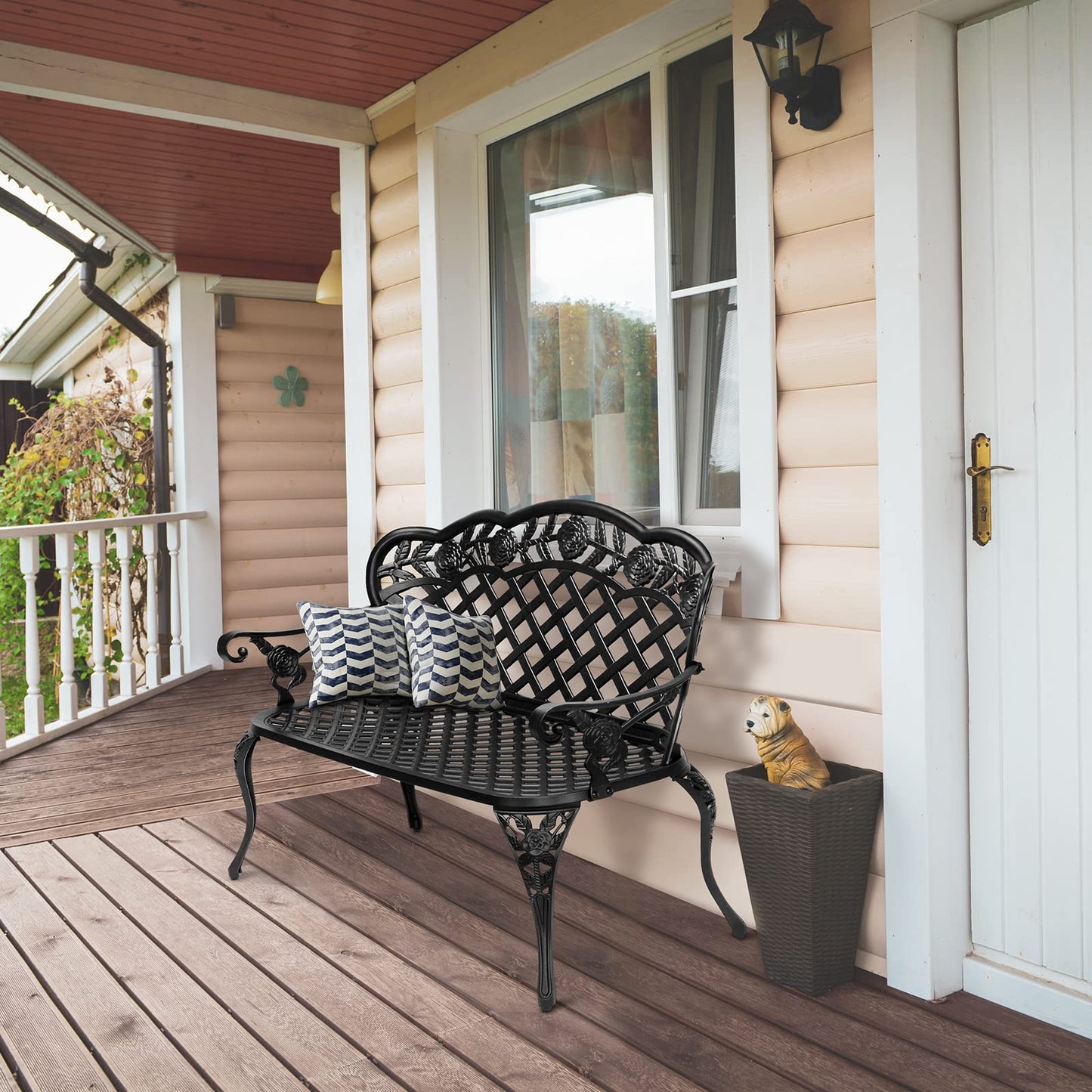 VINGLI 42.5" Outdoor Bench, Antique Cast Aluminum Front Porch Bench Metal Garden Benches Cast Iron Benches 2-3 People Seating (Black)