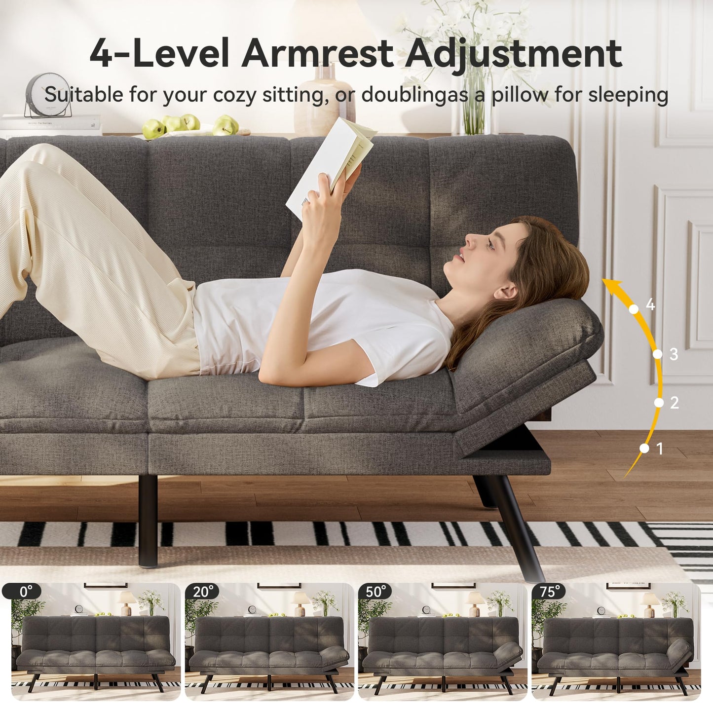 Vipbear 71" Convertible Futon Sofa Bed,Linen Fabric Futon Couch with Detachable Cushion,Adjustable Backrest & Armrest,Modern Loveseat Sleeper Recliner for Living Room,Office,Apartment,Dark Grey