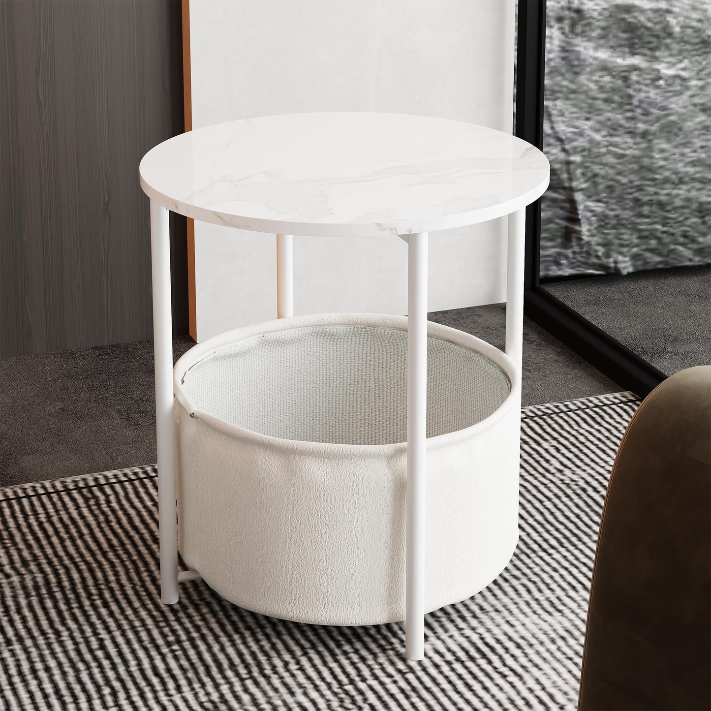 VERFARM Coffee Table with Storage, Round Center Table for Living Room, Bedroom with Fabric Basket, Modern End Table, Metal Side Table, Bedside Nightstand for Small Spaces, White