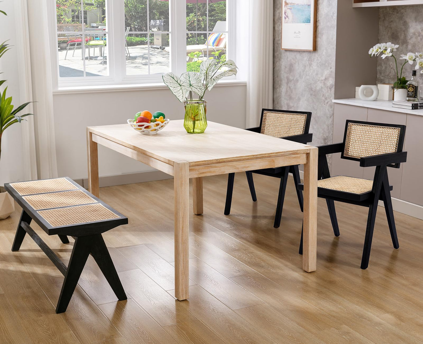 ZH4YOU 45 Inch Black Rattan Dining Bench, Farmhouse Woven Benches for Bedroom, Accent Entryway Long Seat Stool for Hallway/Dining Room/Living Room/Foyer