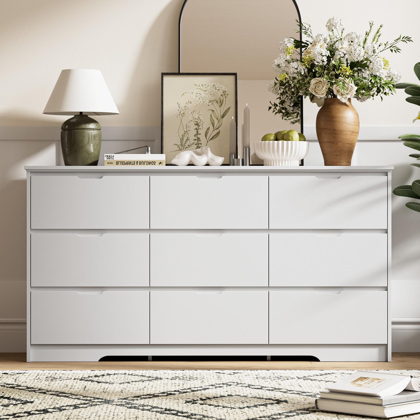 Tradre 59'' White Dresser for Bedroom, 9 Drawer Wood Dresser with Handle Free, Large Modern Chest of Drawers Dresser for Home Office, Living Room, Entryway