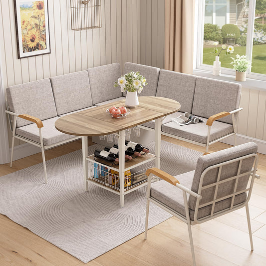 VFK 3 Piece Dining Table Set, 51 Inch Modern Kitchen Folding Breakfast Table with Right Seat Storage Corner Stools and Dining Chairs for Home Dining Room Furniture